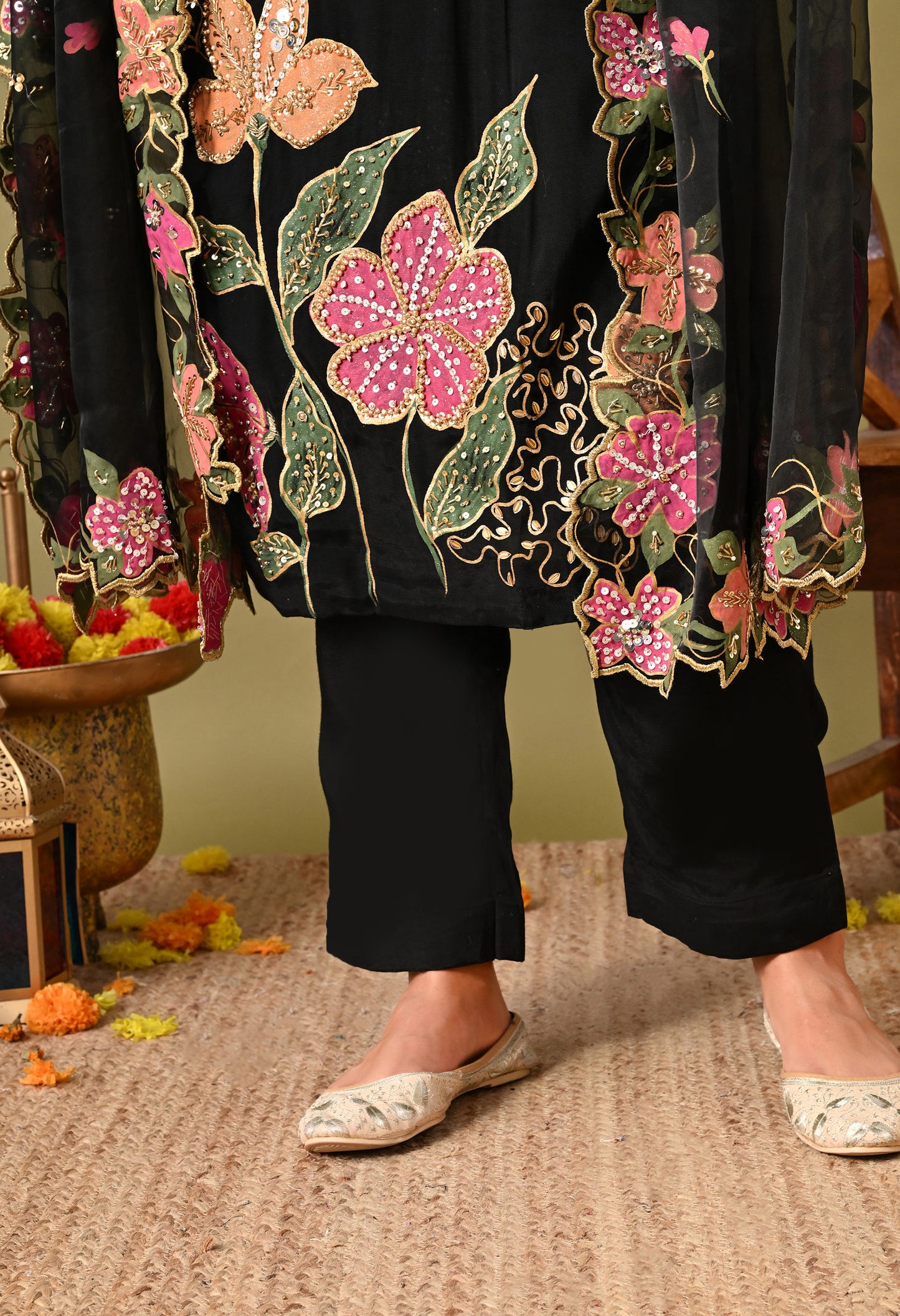 Black Silk Kurta Set with Intricate Embroidery and Hand-Painted Detailing