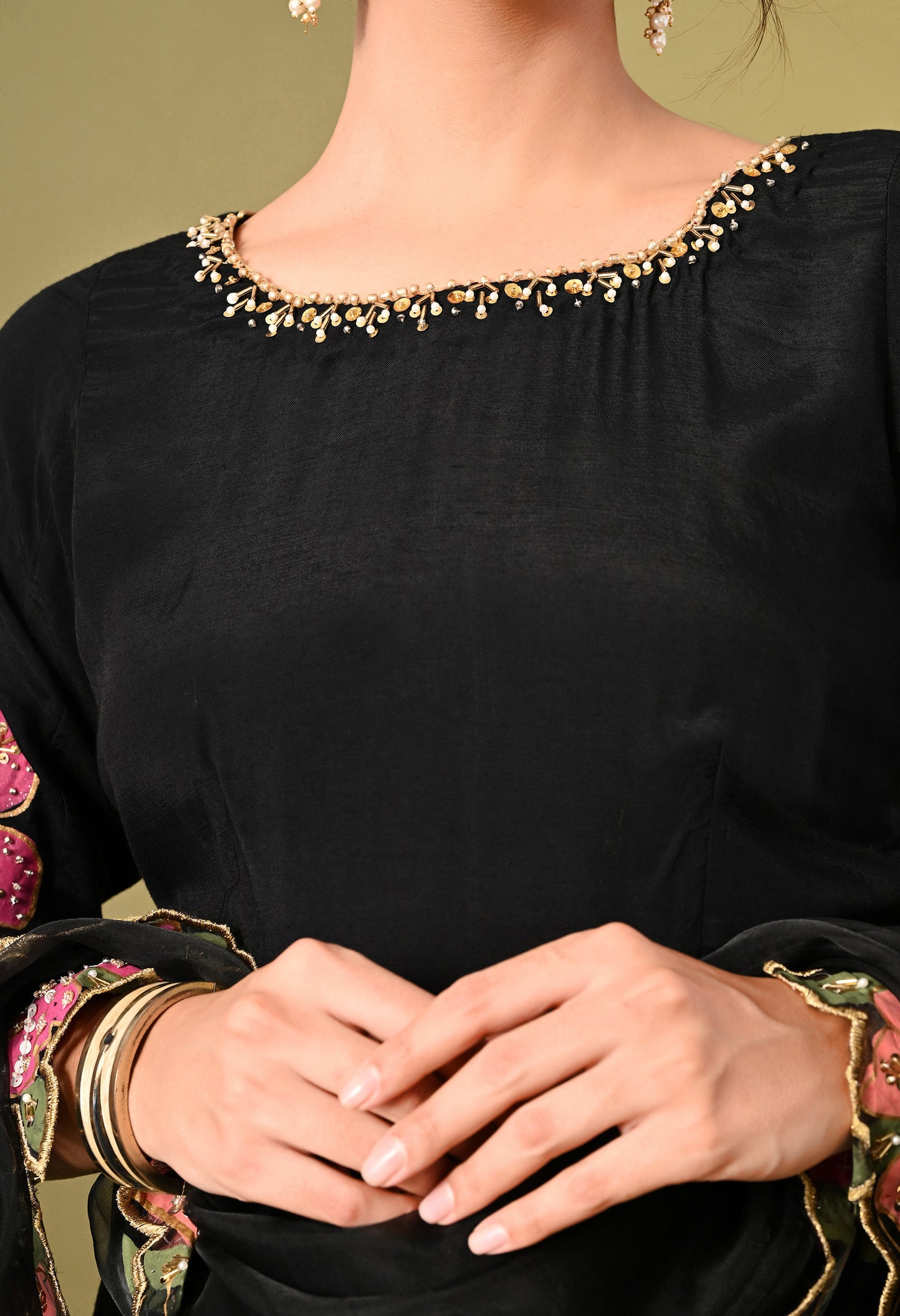 Black Silk Kurta Set with Intricate Embroidery and Hand-Painted Detailing