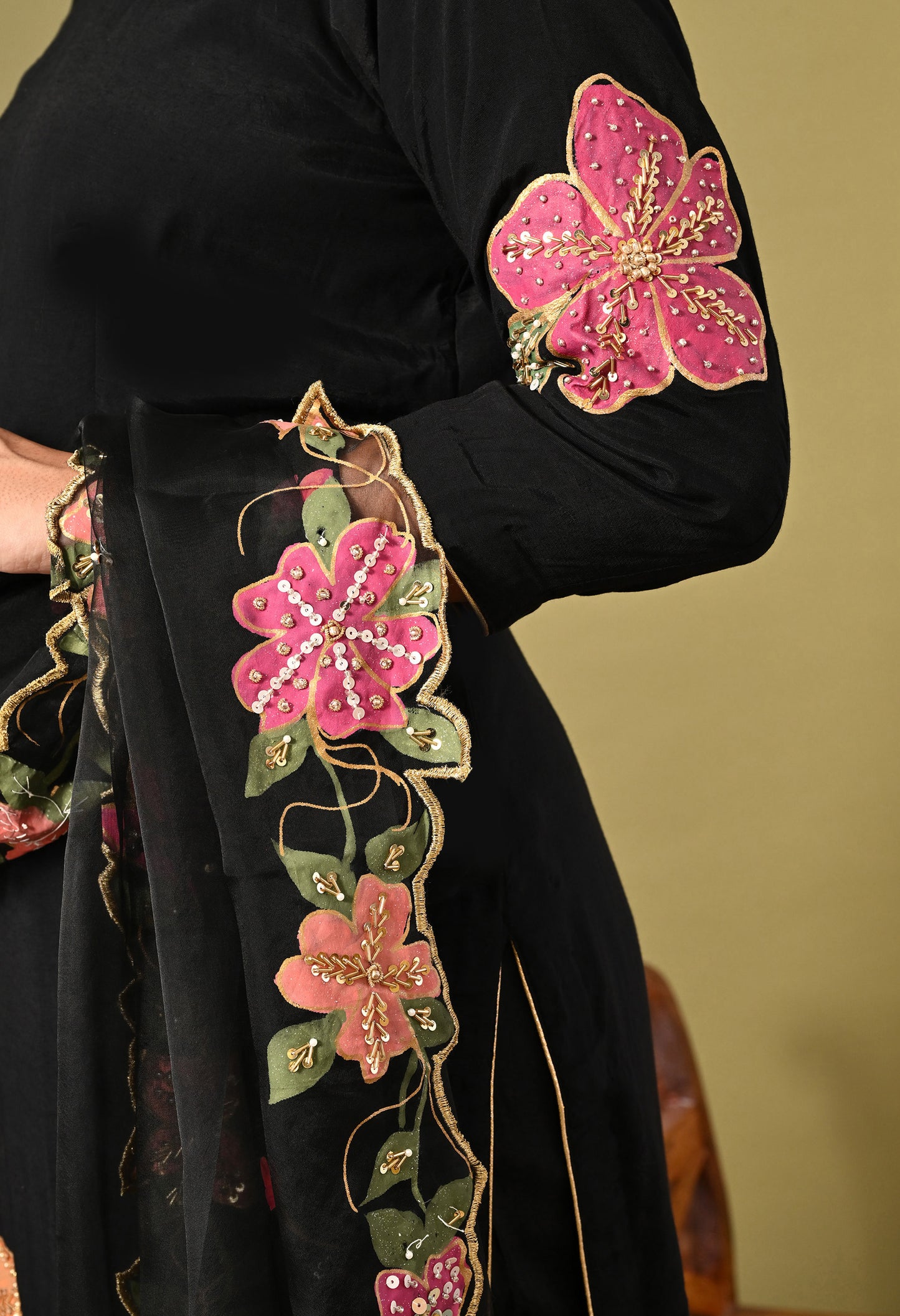 Black Silk Kurta Set with Intricate Embroidery and Hand-Painted Detailing