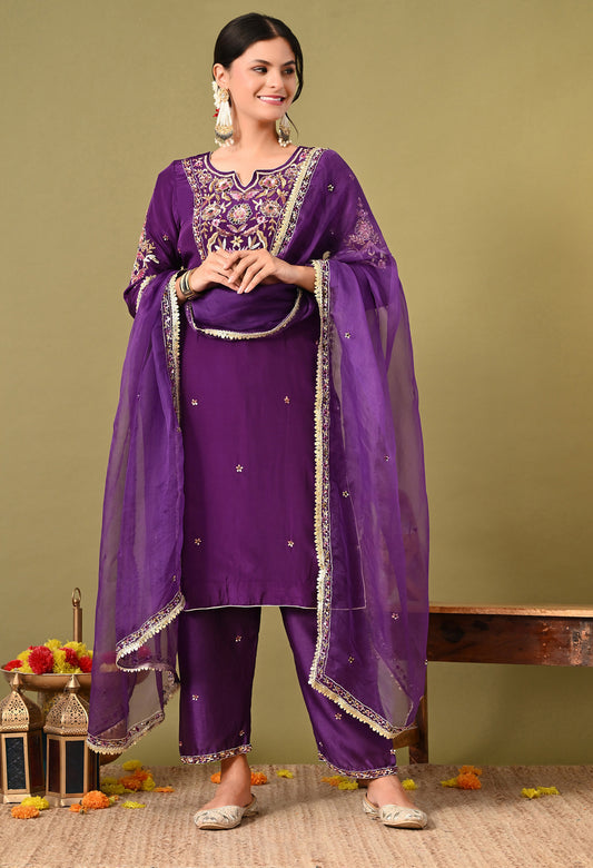 Mesmerising Royal Purple Kurta Set with Beautiful Zardozi, Thread, and Sequin Work
