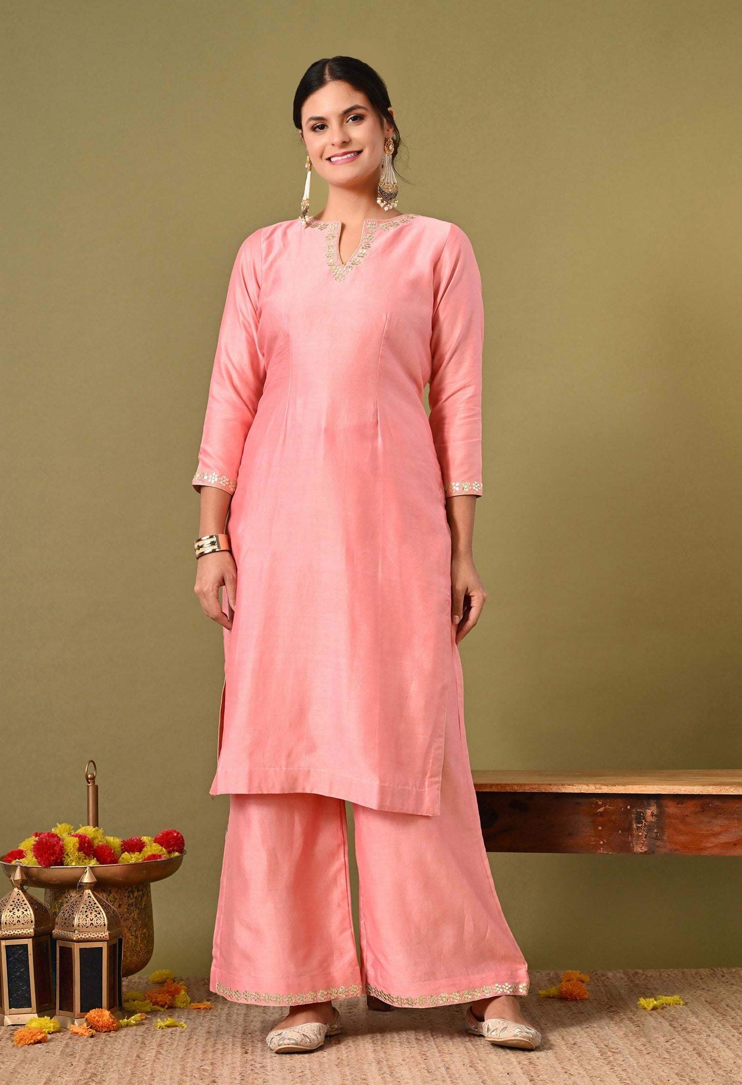 Exquisite Peach Pink Silk Kurta Set, Embellished with Zardozi and Gota Patti Embroidery