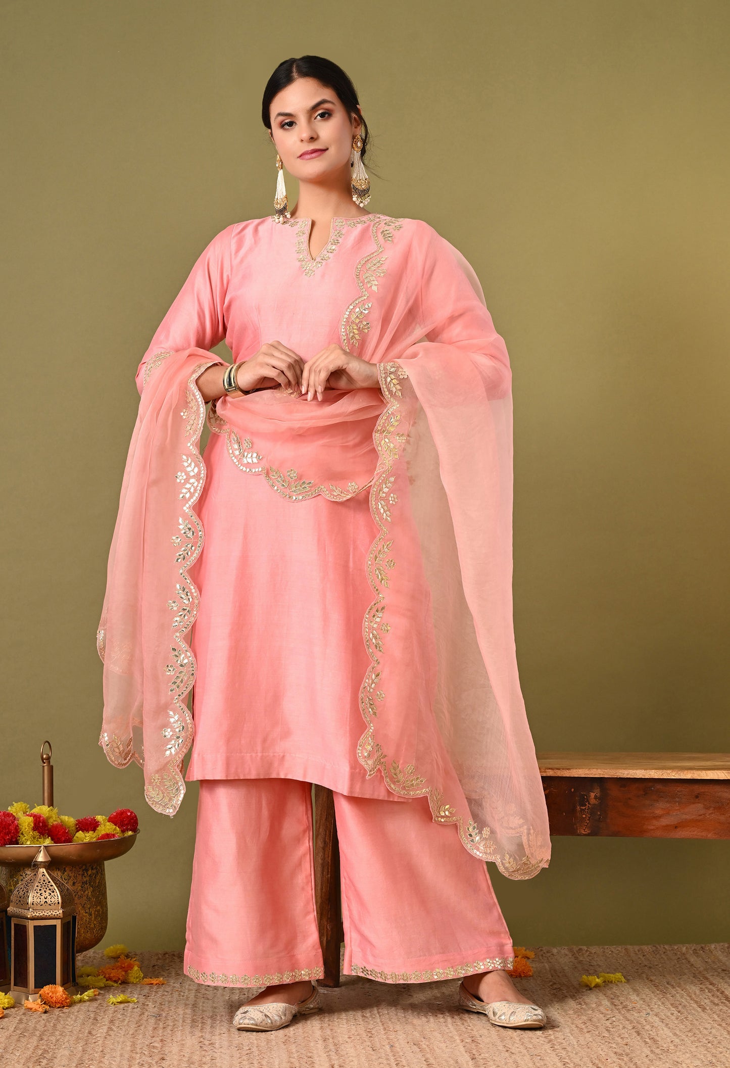 Exquisite Peach Pink Silk Kurta Set, Embellished with Zardozi and Gota Patti Embroidery