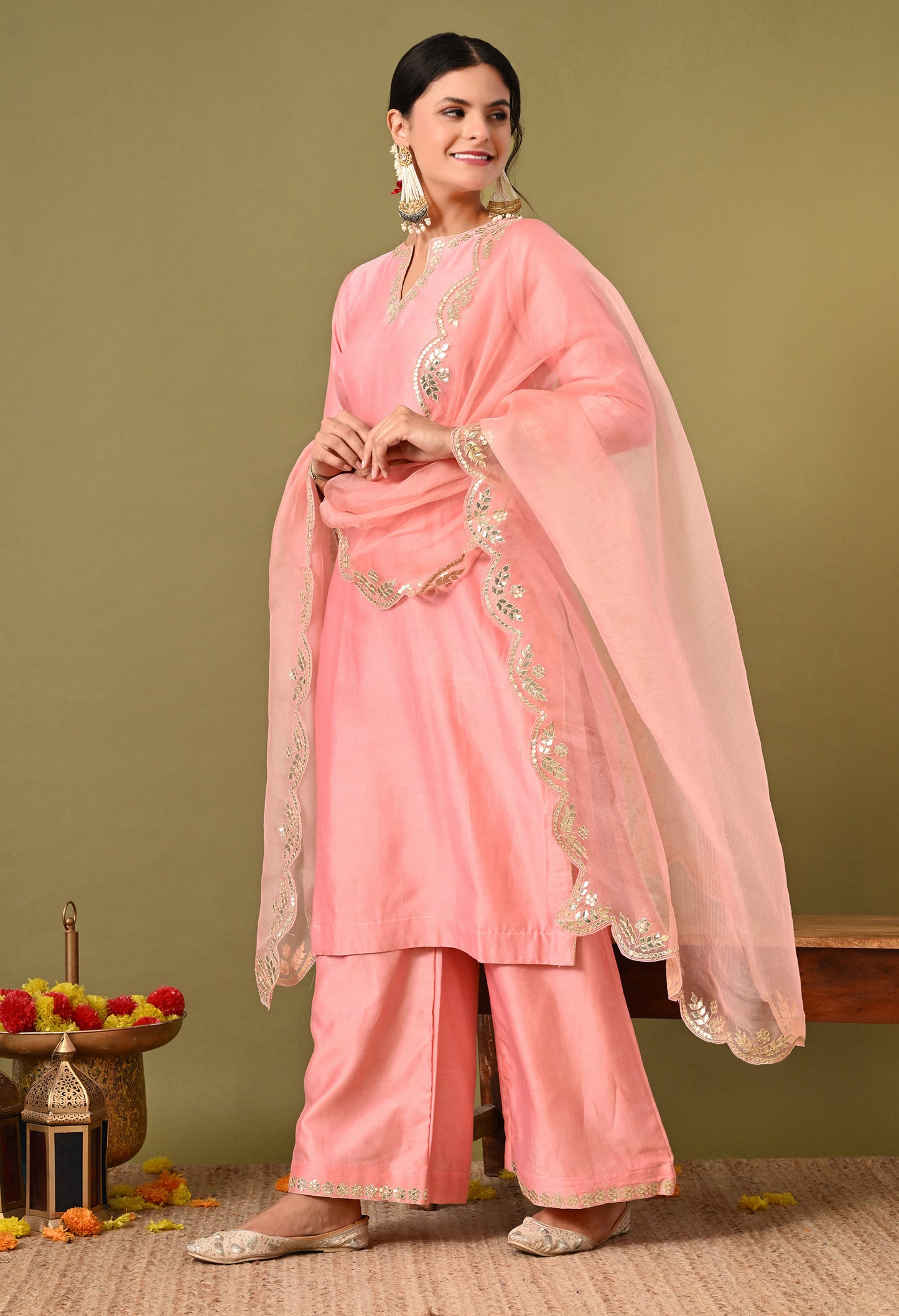 Exquisite Peach Pink Silk Kurta Set, Embellished with Zardozi and Gota Patti Embroidery
