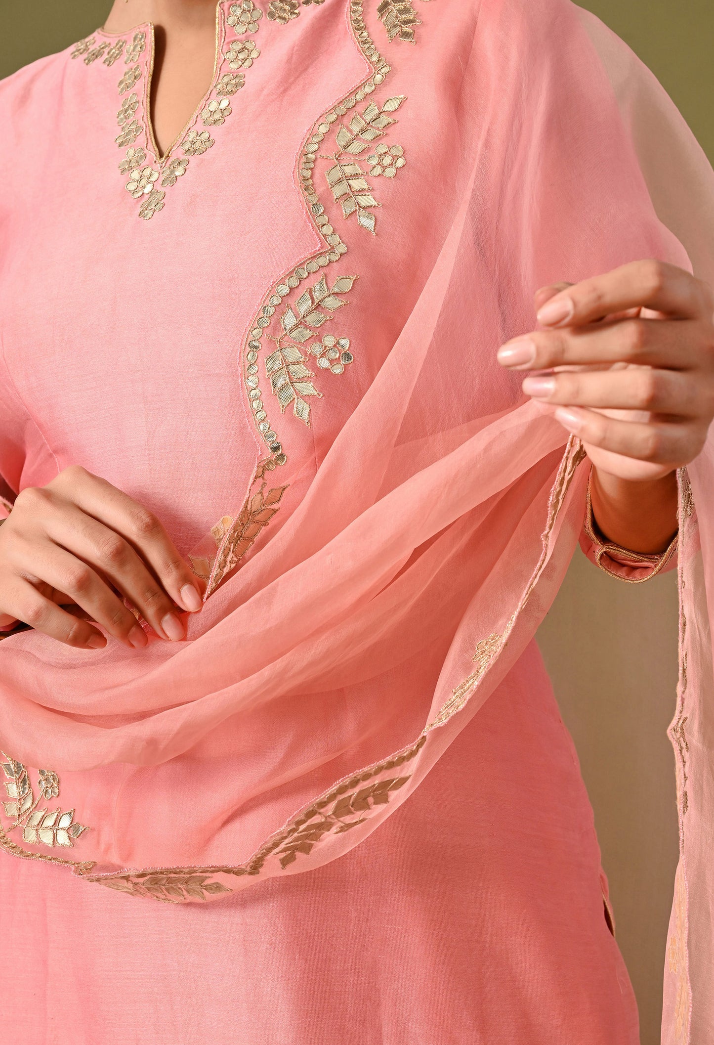 Exquisite Peach Pink Silk Kurta Set, Embellished with Zardozi and Gota Patti Embroidery