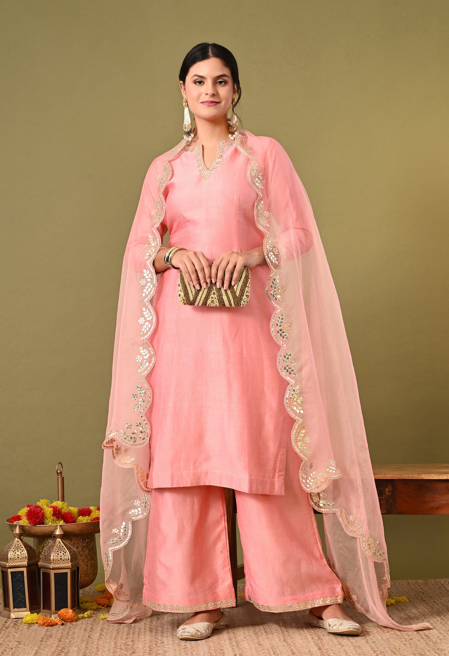 Exquisite Peach Pink Silk Kurta Set, Embellished with Zardozi and Gota Patti Embroidery