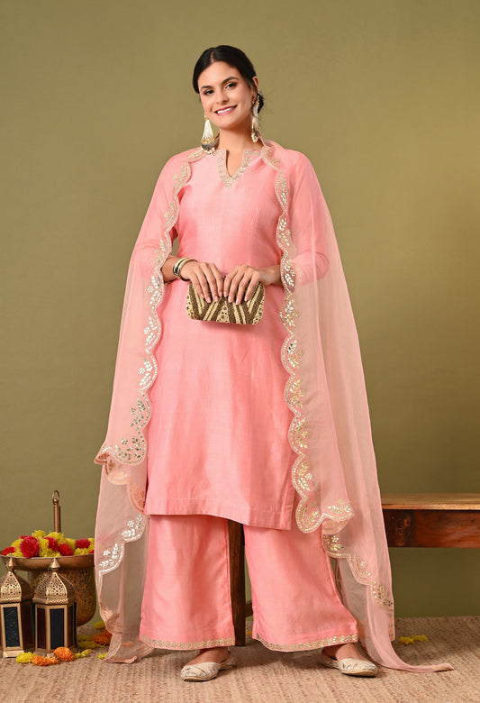 Exquisite Peach Pink Silk Kurta Set, Embellished with Zardozi and Gota Patti Embroidery