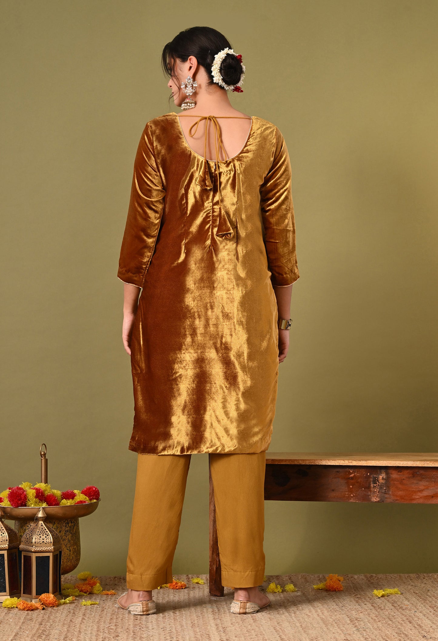 Astonishing Mehndi Golden Kurta Set with Expert Thread Work
