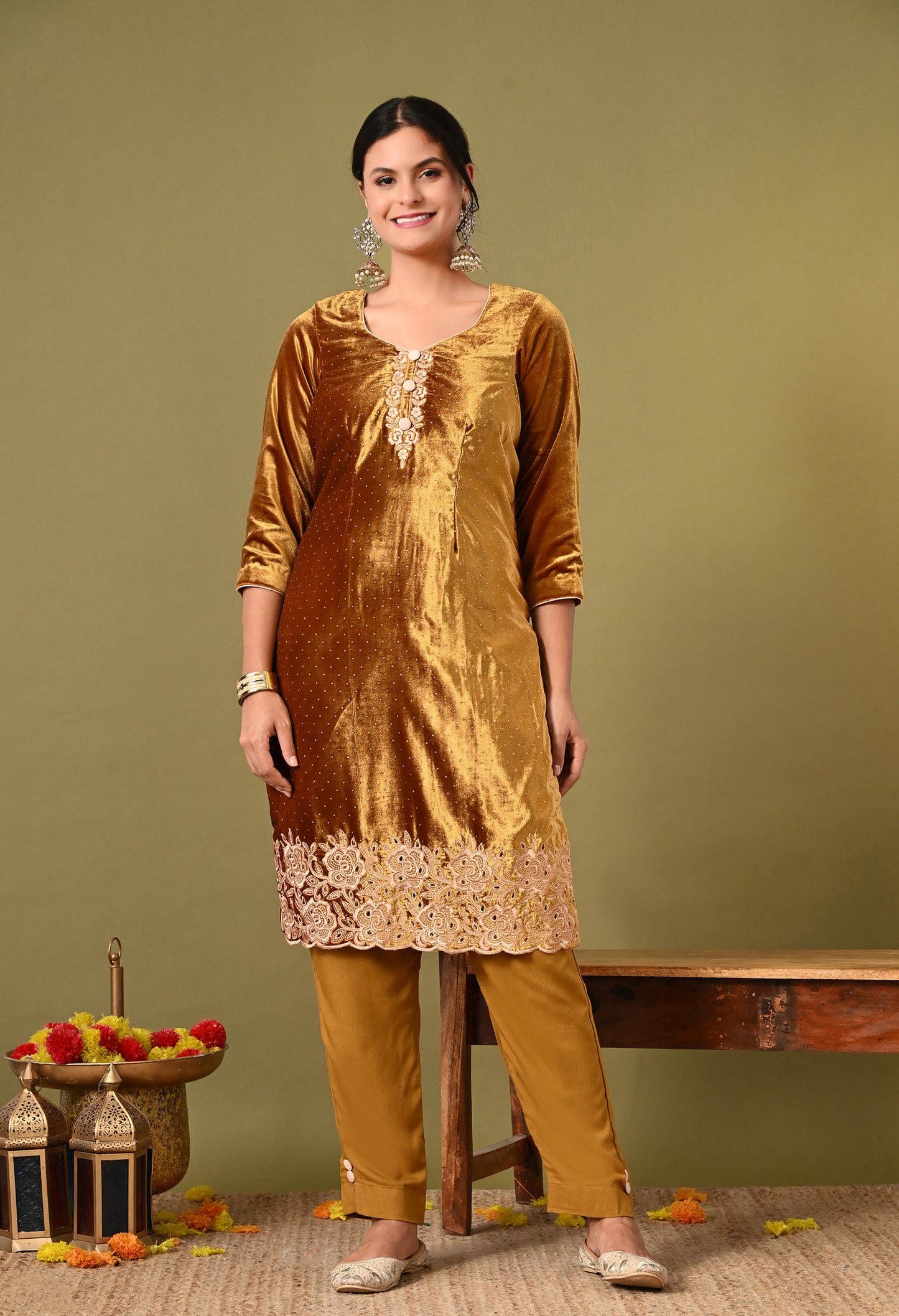 Astonishing Mehndi Golden Kurta Set with Expert Thread Work
