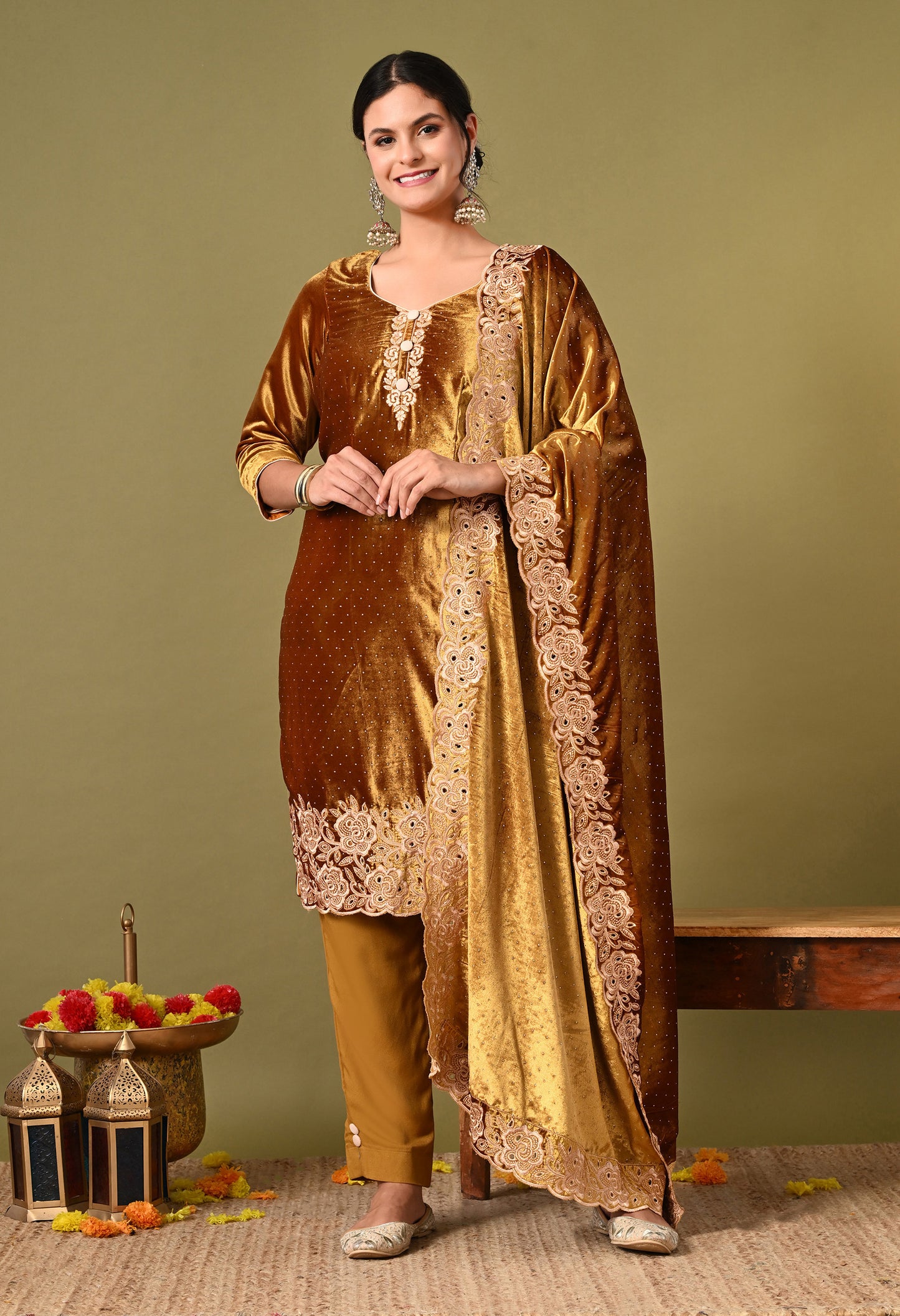 Astonishing Mehndi Golden Kurta Set with Expert Thread Work