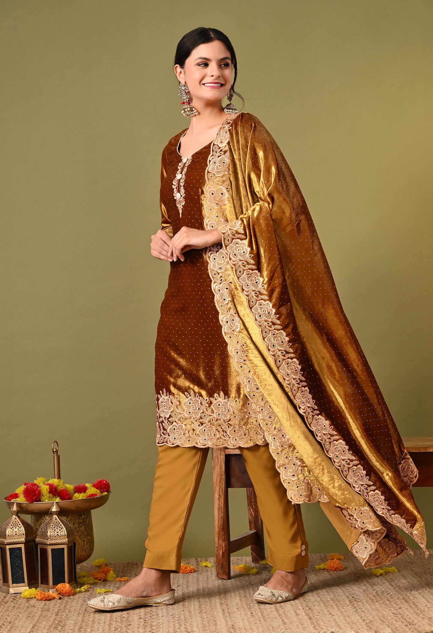 Astonishing Mehndi Golden Kurta Set with Expert Thread Work