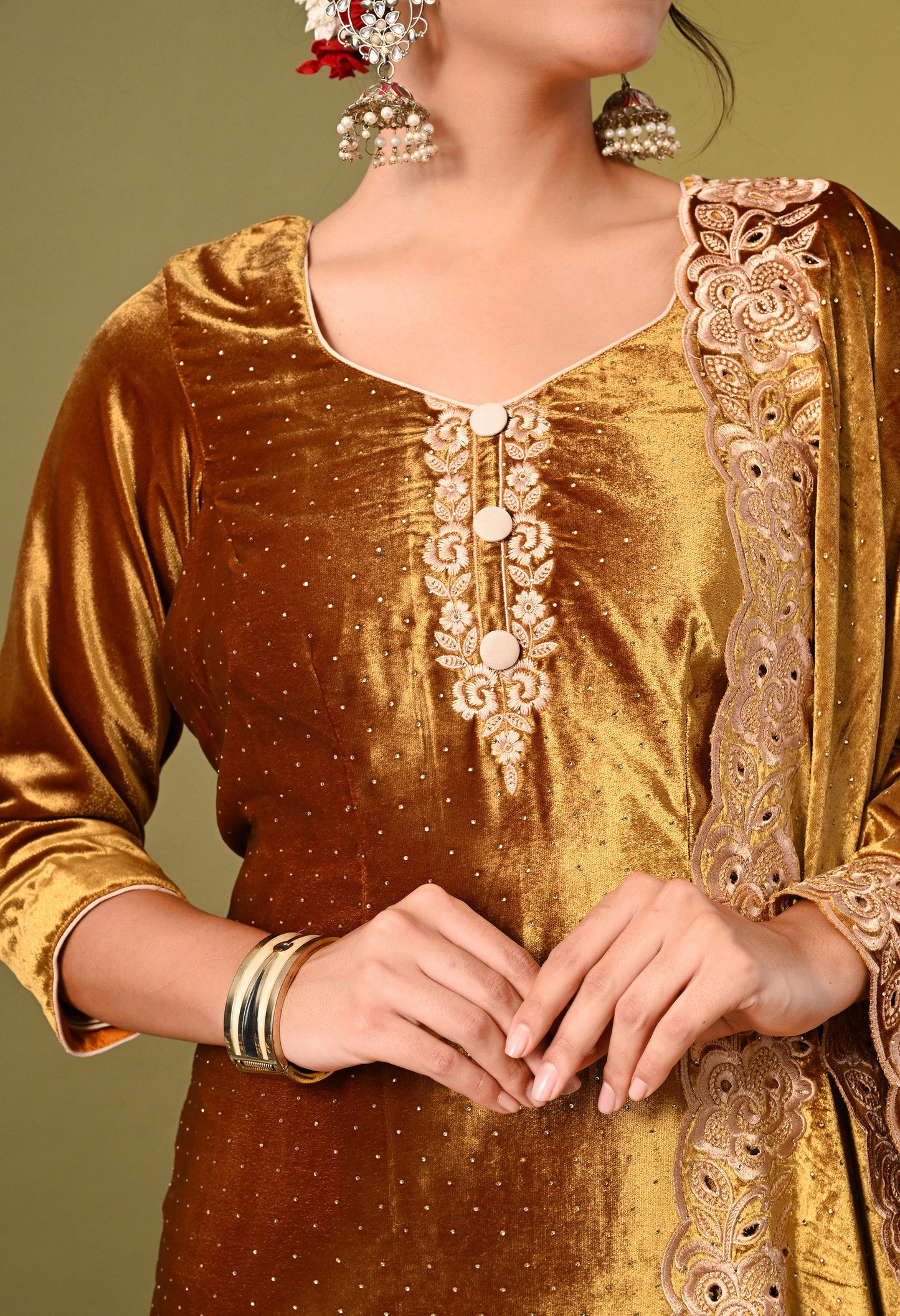 Astonishing Mehndi Golden Kurta Set with Expert Thread Work