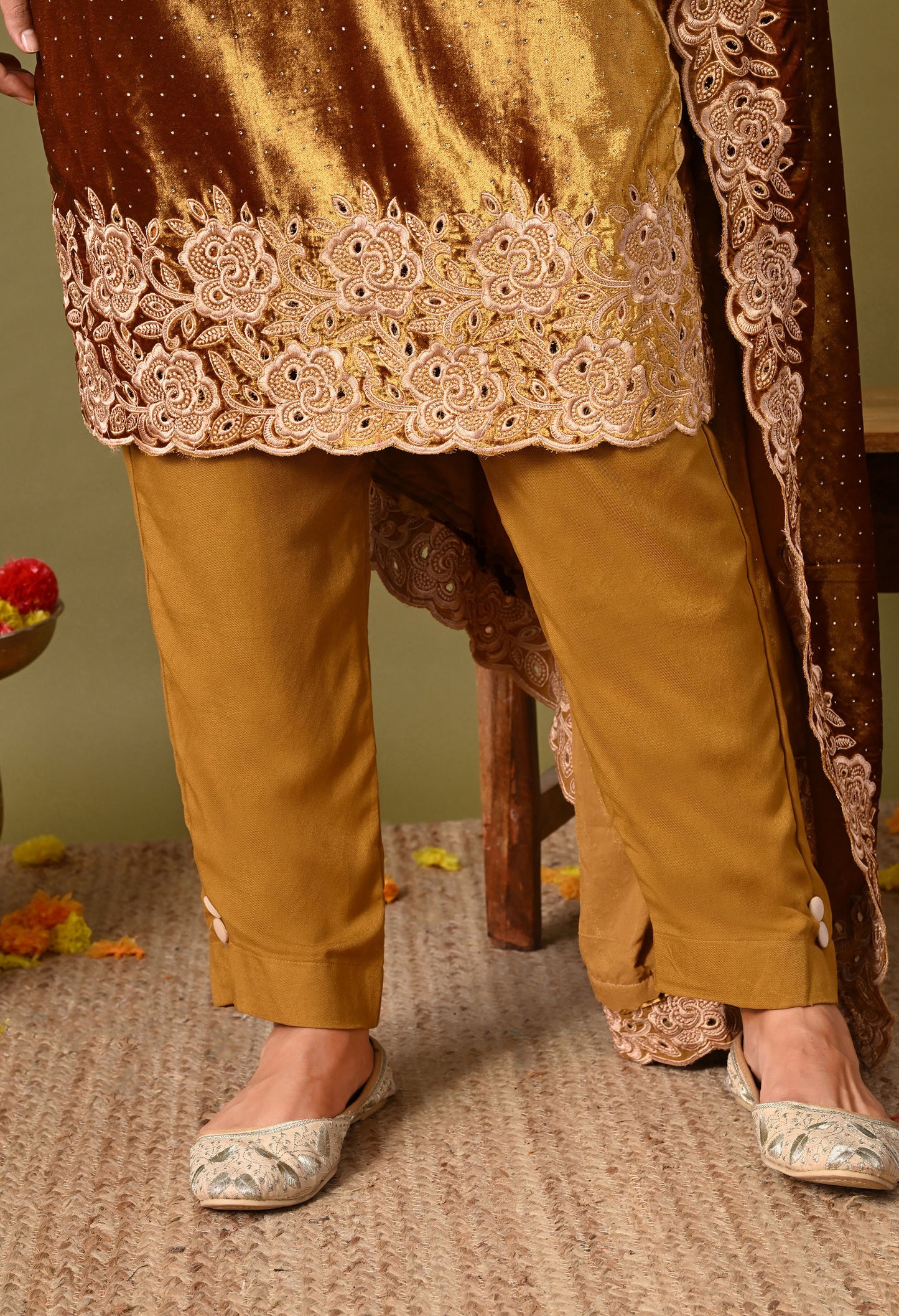 Astonishing Mehndi Golden Kurta Set with Expert Thread Work
