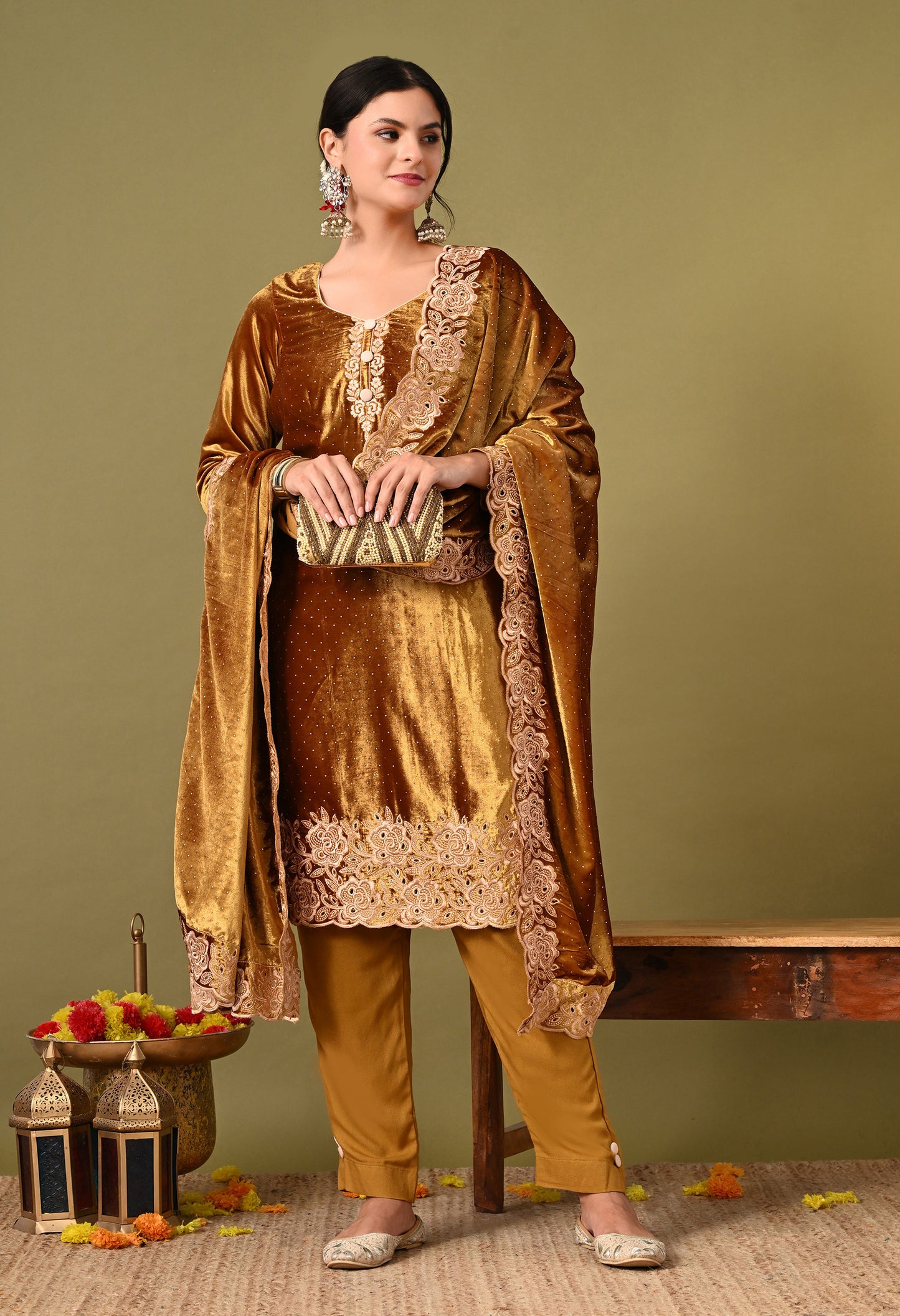Astonishing Mehndi Golden Kurta Set with Expert Thread Work