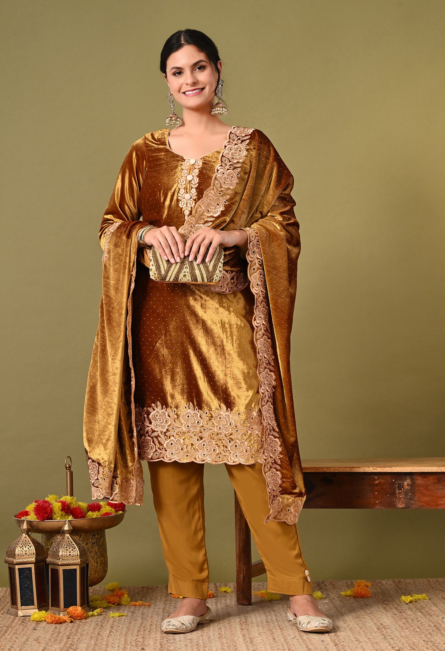 Astonishing Mehndi Golden Kurta Set with Expert Thread Work