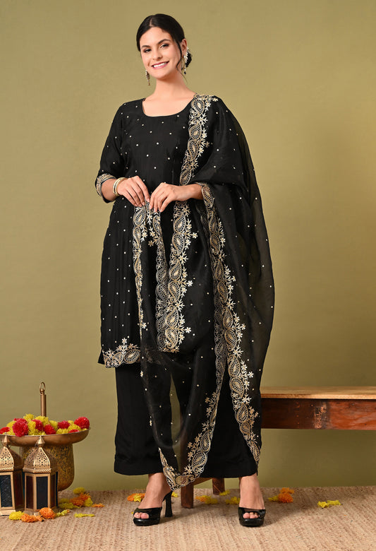 Majestic Black Organza Kurta Set with Zardozi and Tilla Embroidery