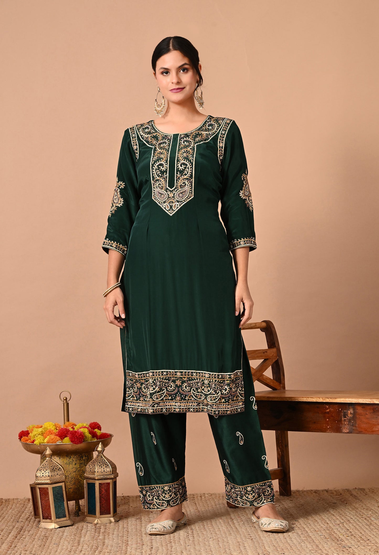 Mesmerising Bottle Green Kurta Set with Intricate Zardozi Work