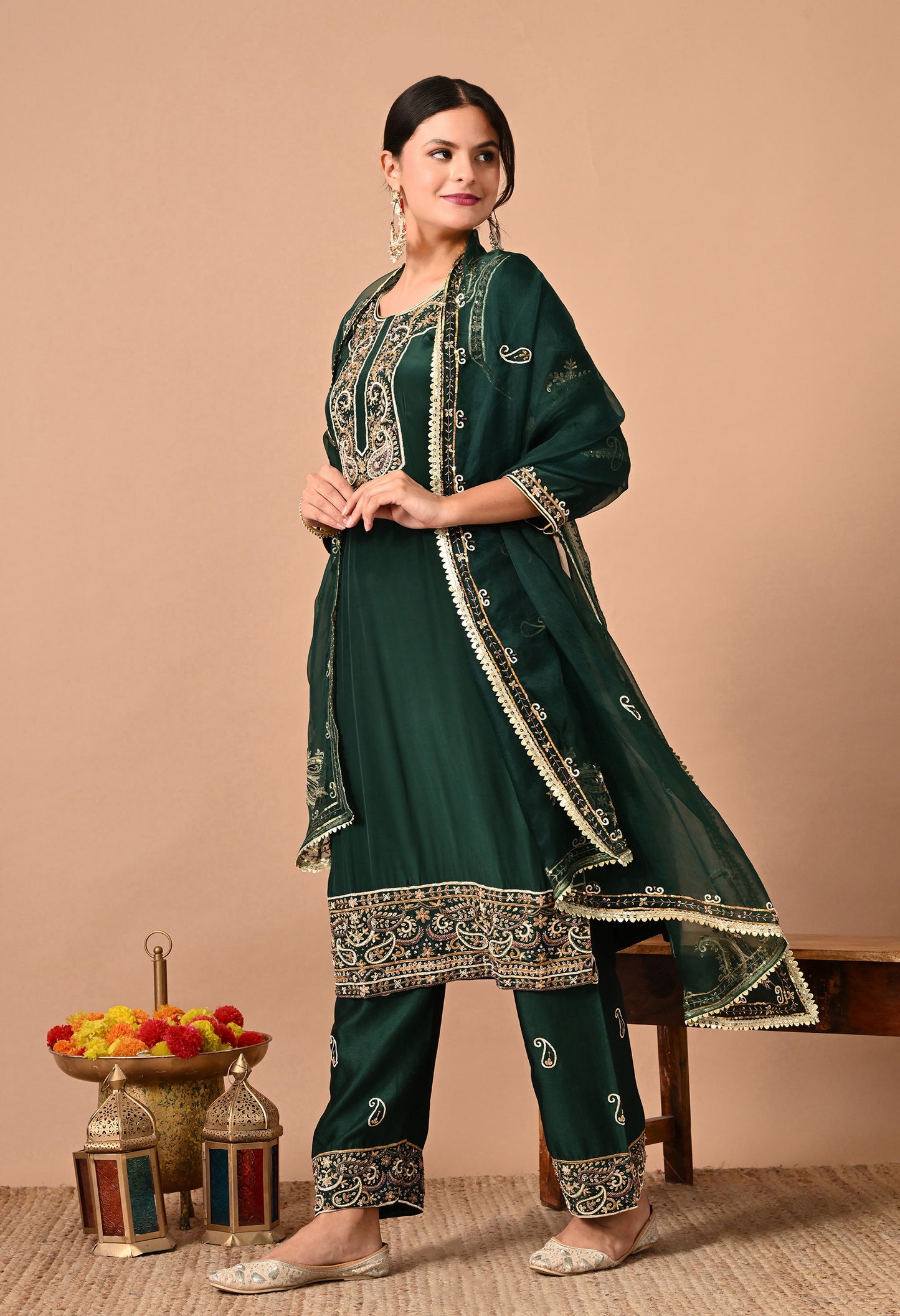 Mesmerising Bottle Green Kurta Set with Intricate Zardozi Work