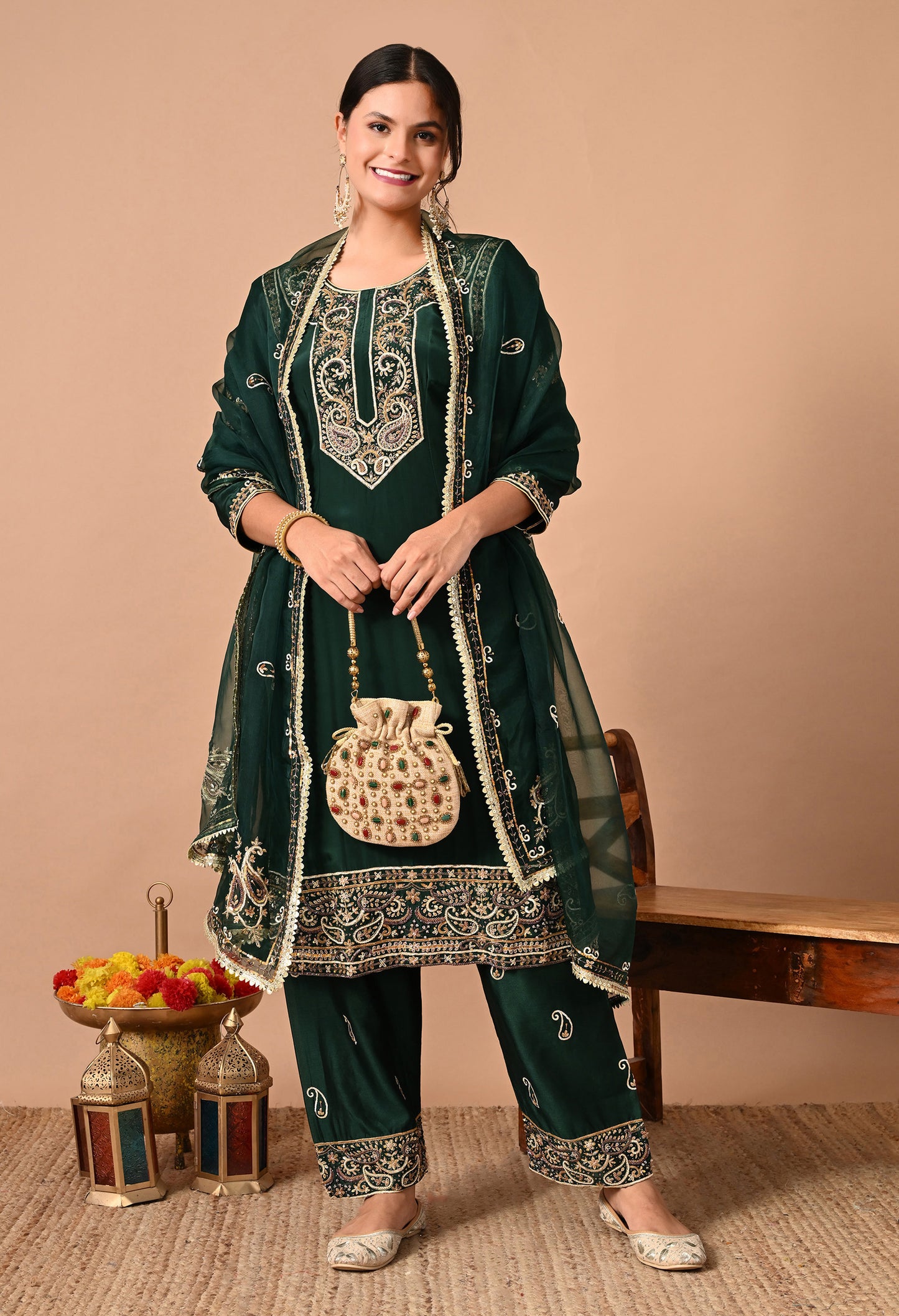 Mesmerising Bottle Green Kurta Set with Intricate Zardozi Work