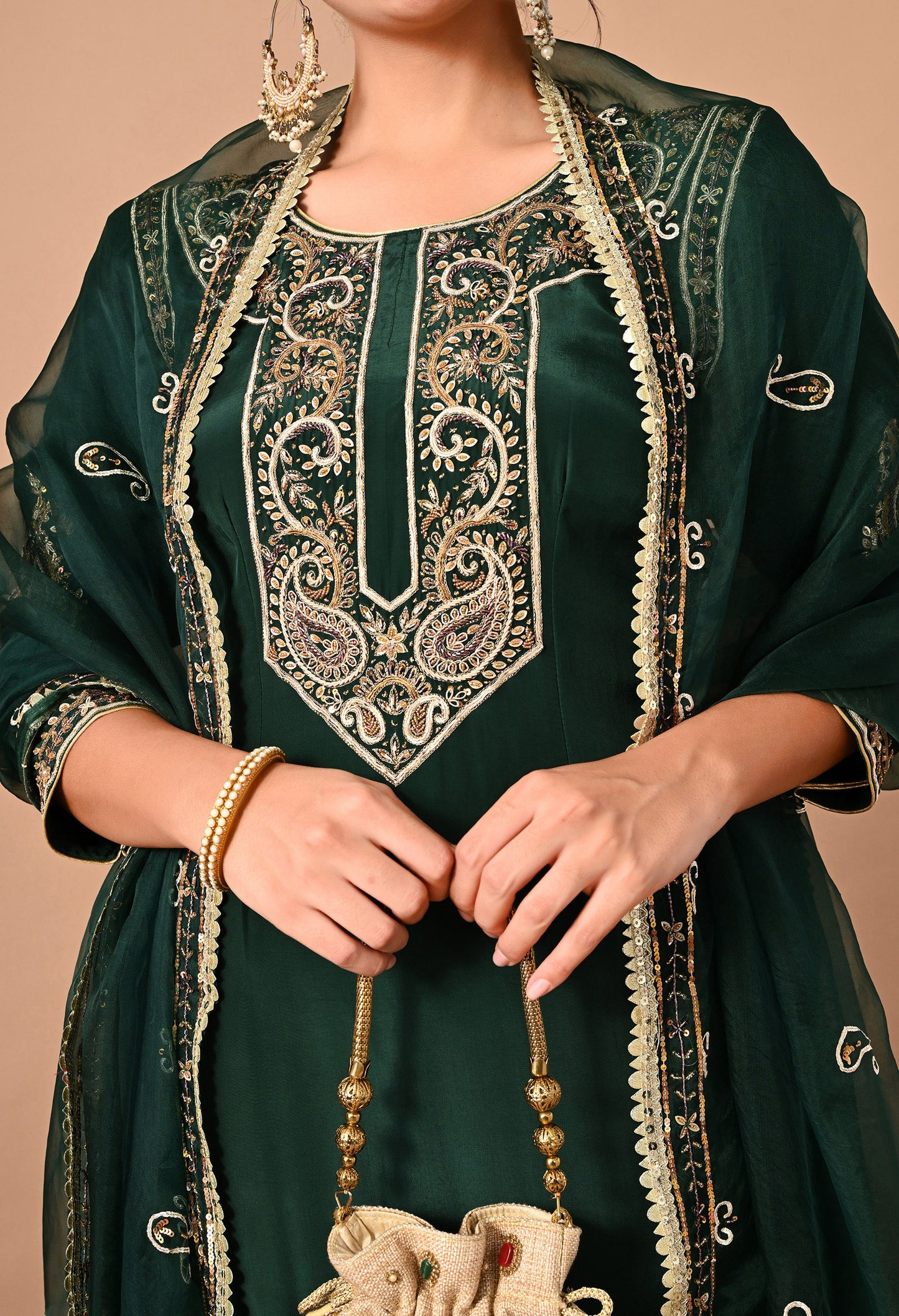 Mesmerising Bottle Green Kurta Set with Intricate Zardozi Work