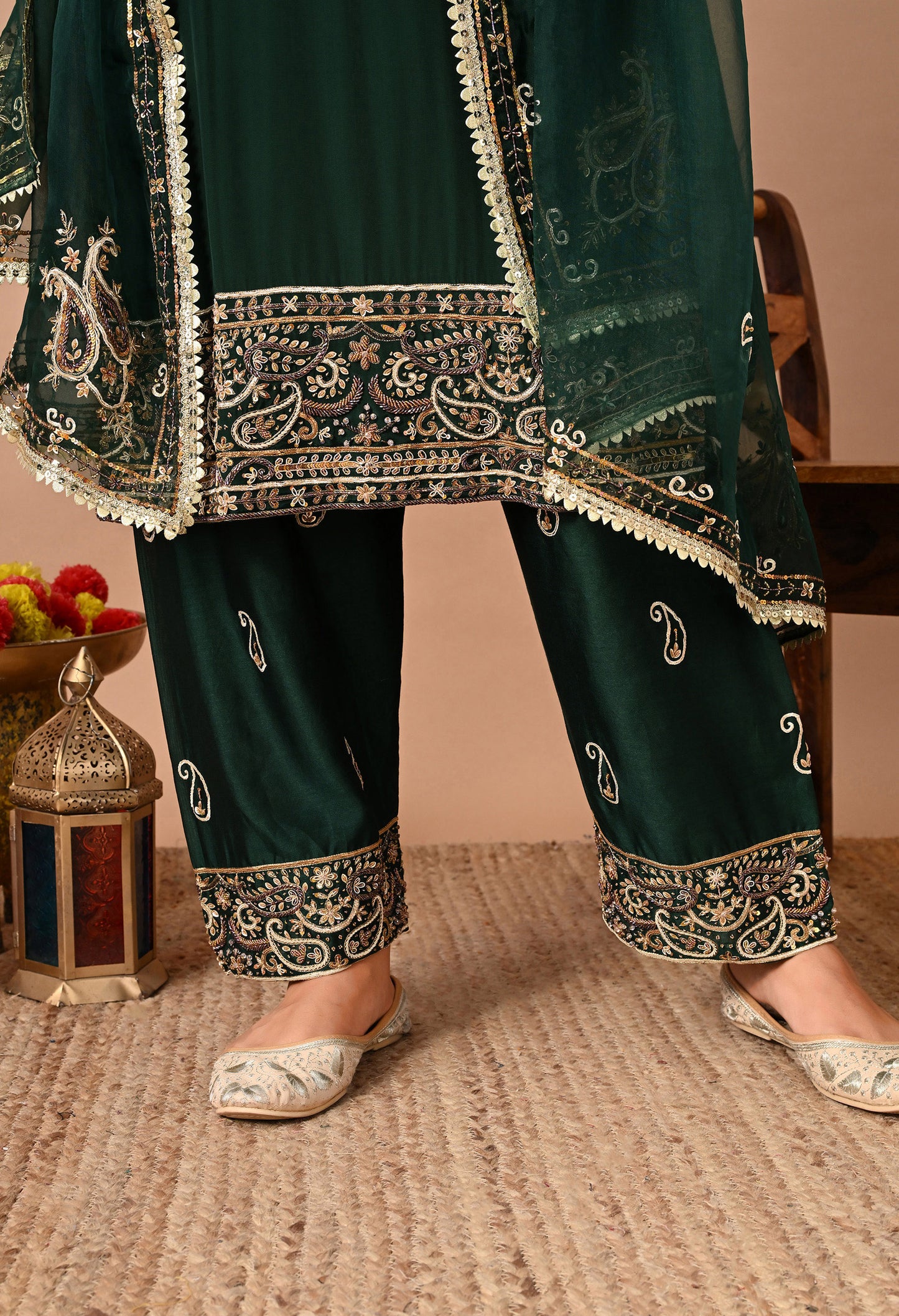Mesmerising Bottle Green Kurta Set with Intricate Zardozi Work