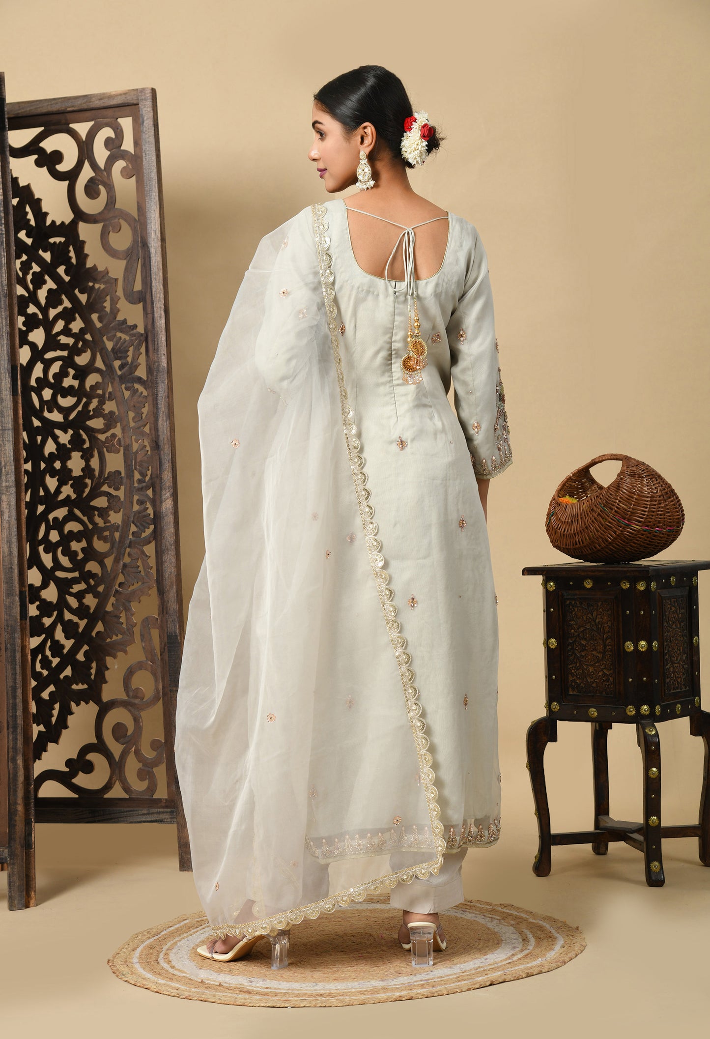 Light Grey Kurta Set with Zardozi, Dabka, and Sequin Work