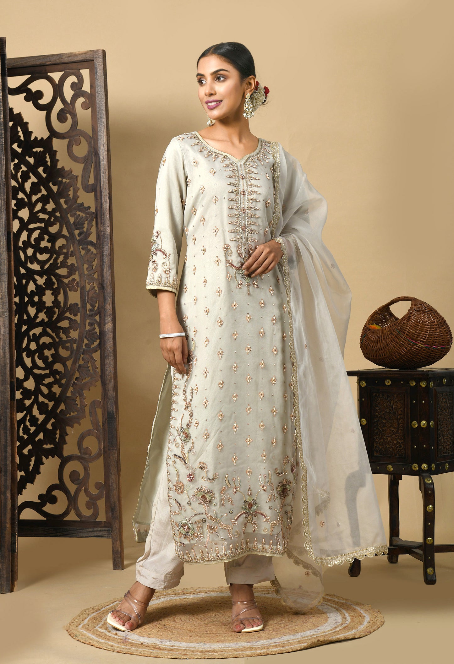 Light Grey Kurta Set with Zardozi, Dabka, and Sequin Work