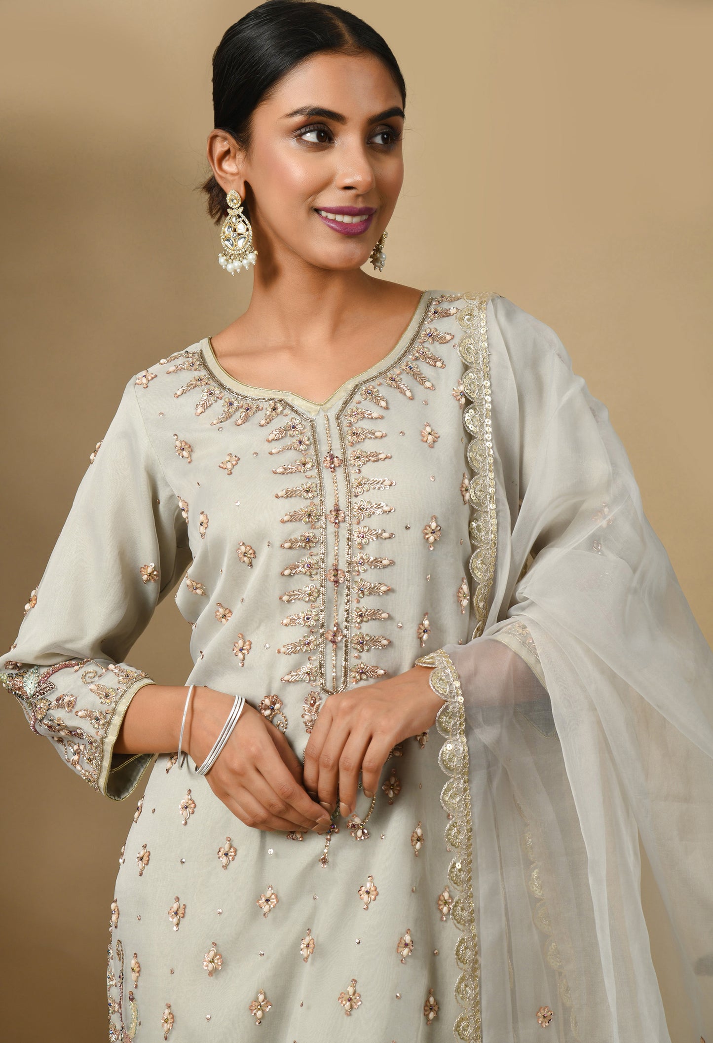 Light Grey Kurta Set with Zardozi, Dabka, and Sequin Work