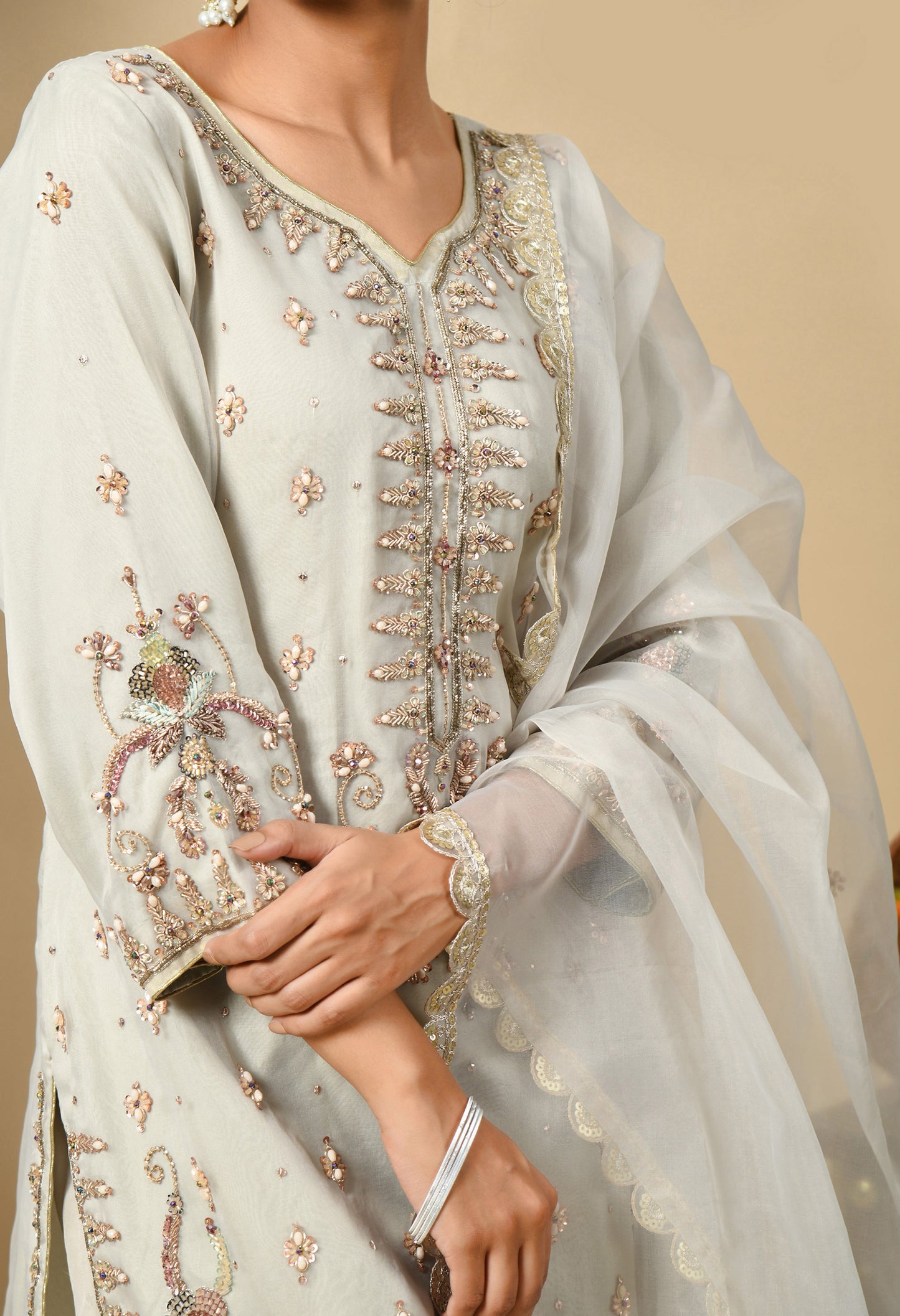 Light Grey Kurta Set with Zardozi, Dabka, and Sequin Work