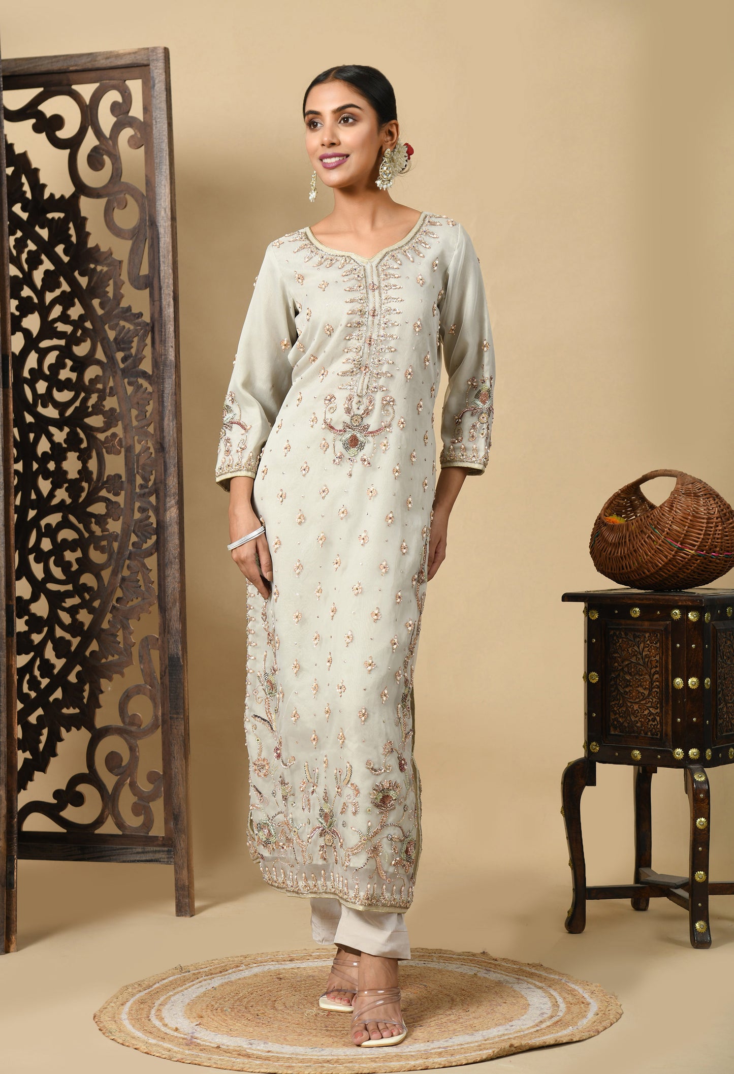 Light Grey Kurta Set with Zardozi, Dabka, and Sequin Work