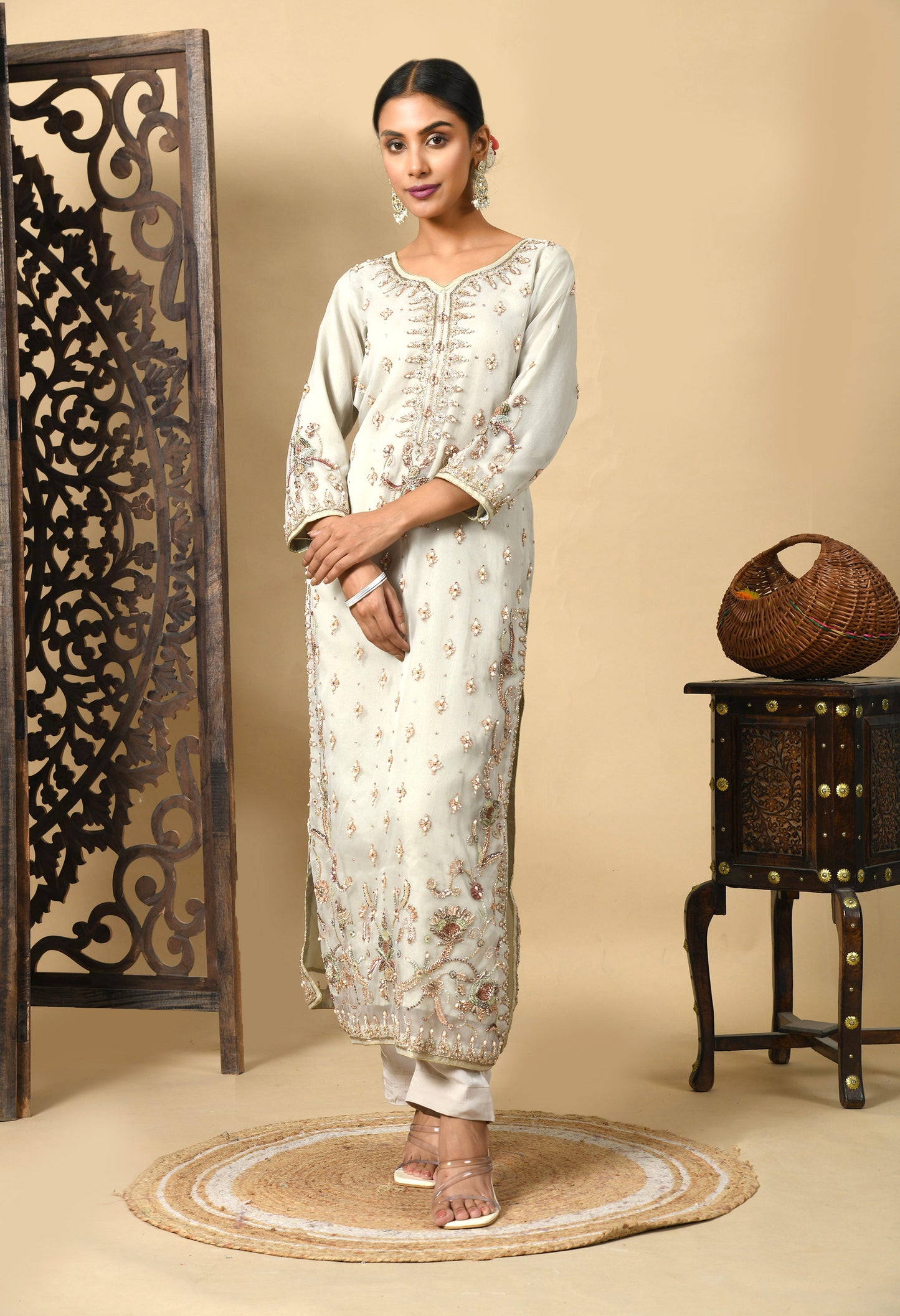 Light Grey Kurta Set with Zardozi, Dabka, and Sequin Work