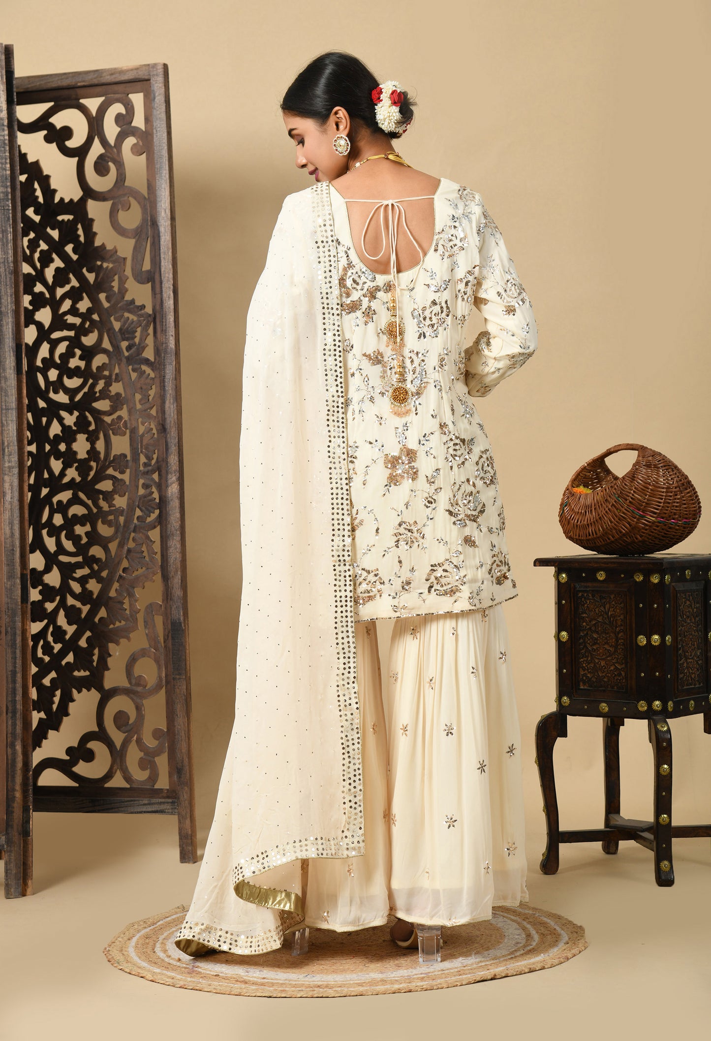 Dark Cream Gharara Set with Mukaish and Sequence Work