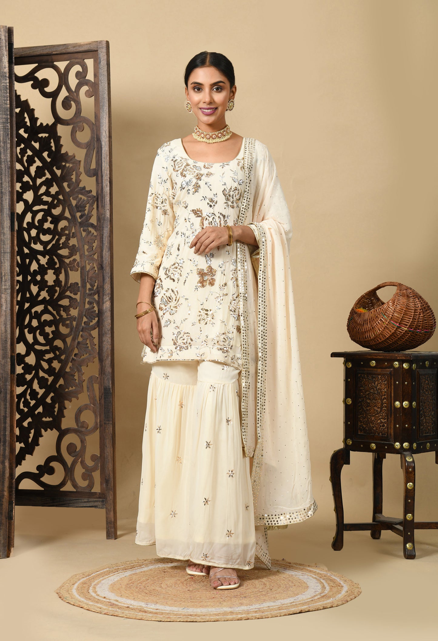 Dark Cream Gharara Set with Mukaish and Sequence Work