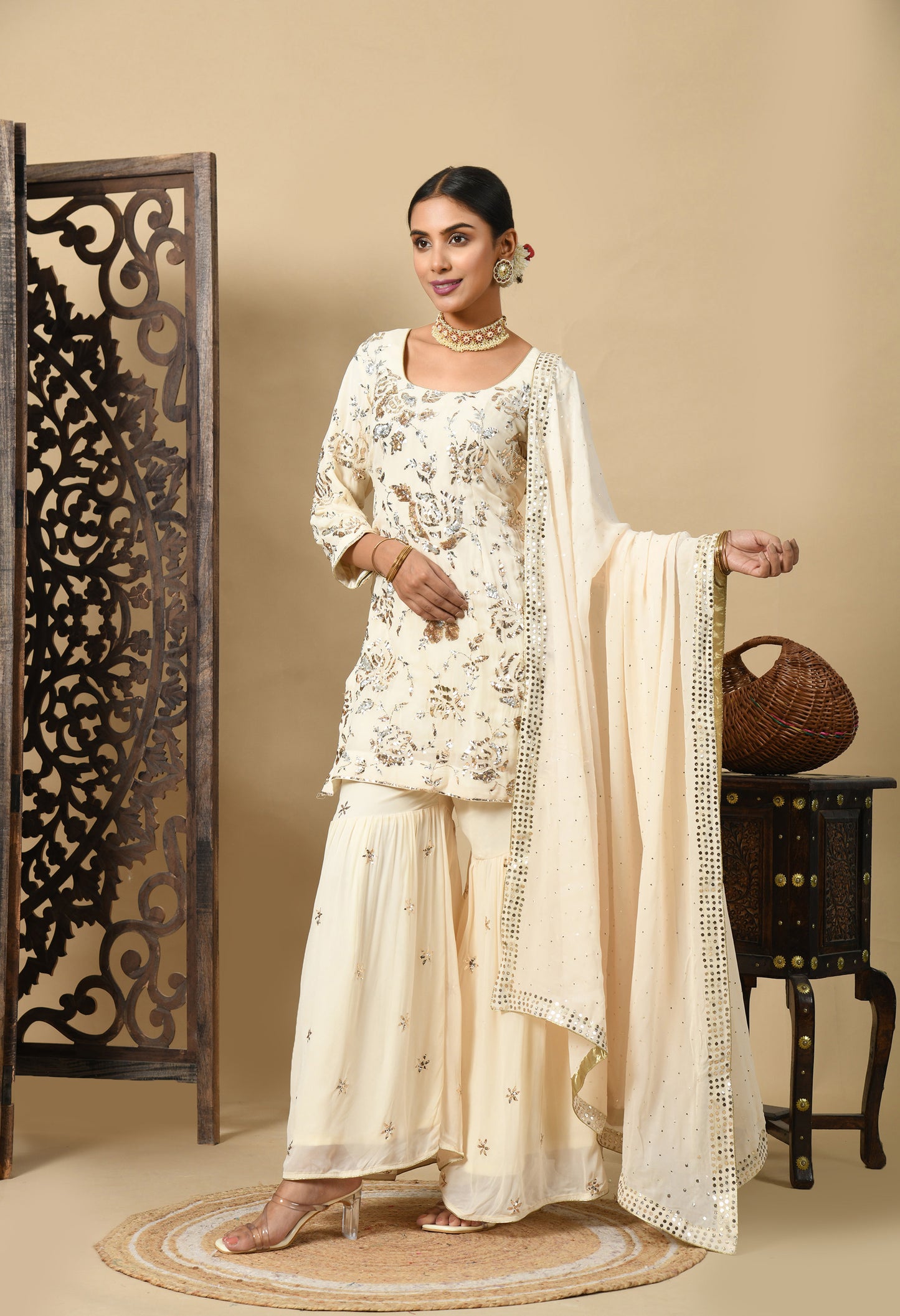 Dark Cream Gharara Set with Mukaish and Sequence Work