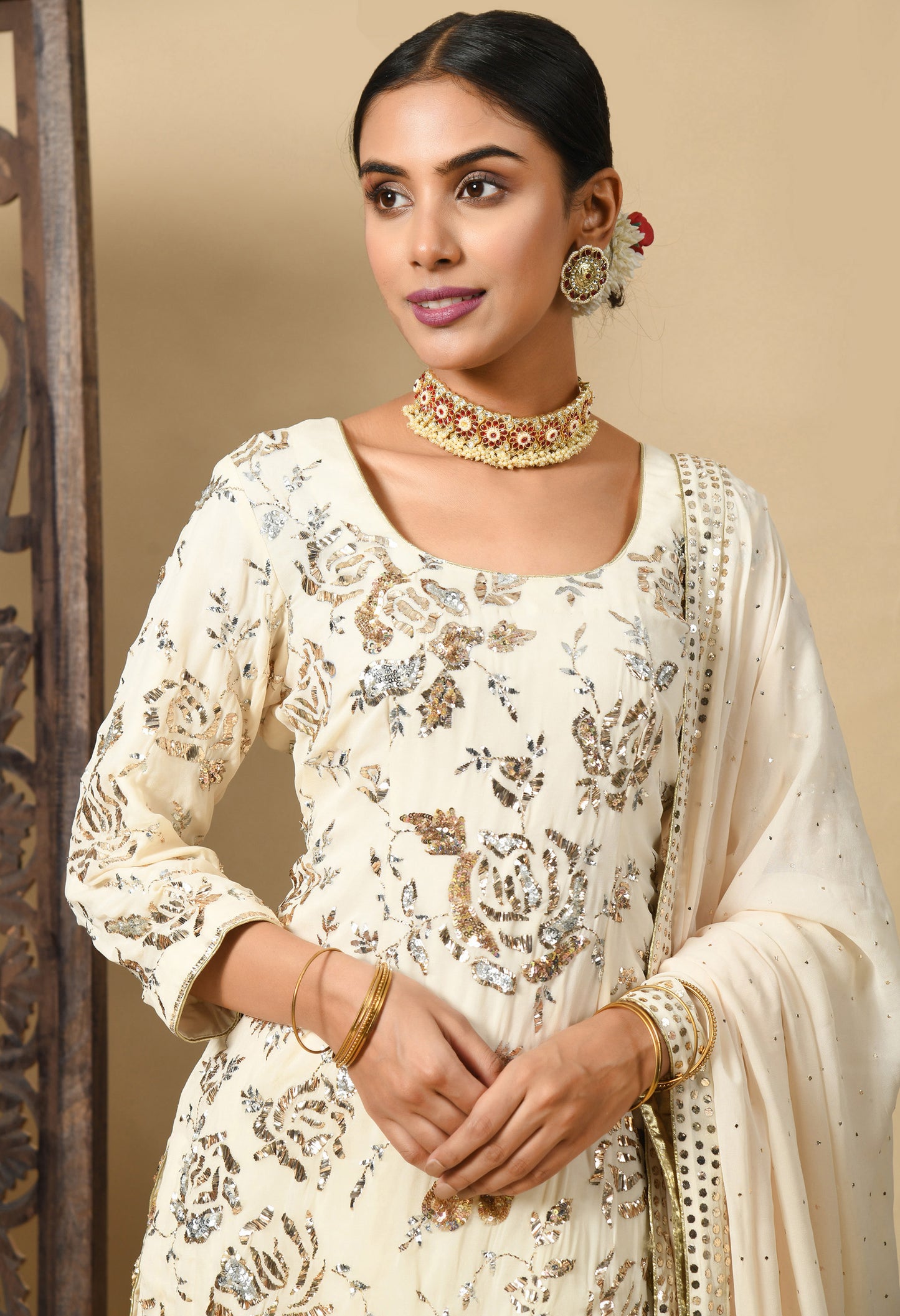 Dark Cream Gharara Set with Mukaish and Sequence Work