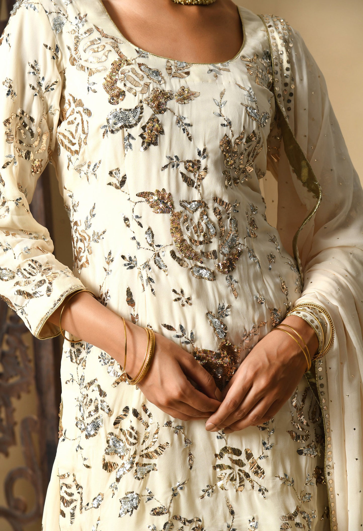 Dark Cream Gharara Set with Mukaish and Sequence Work
