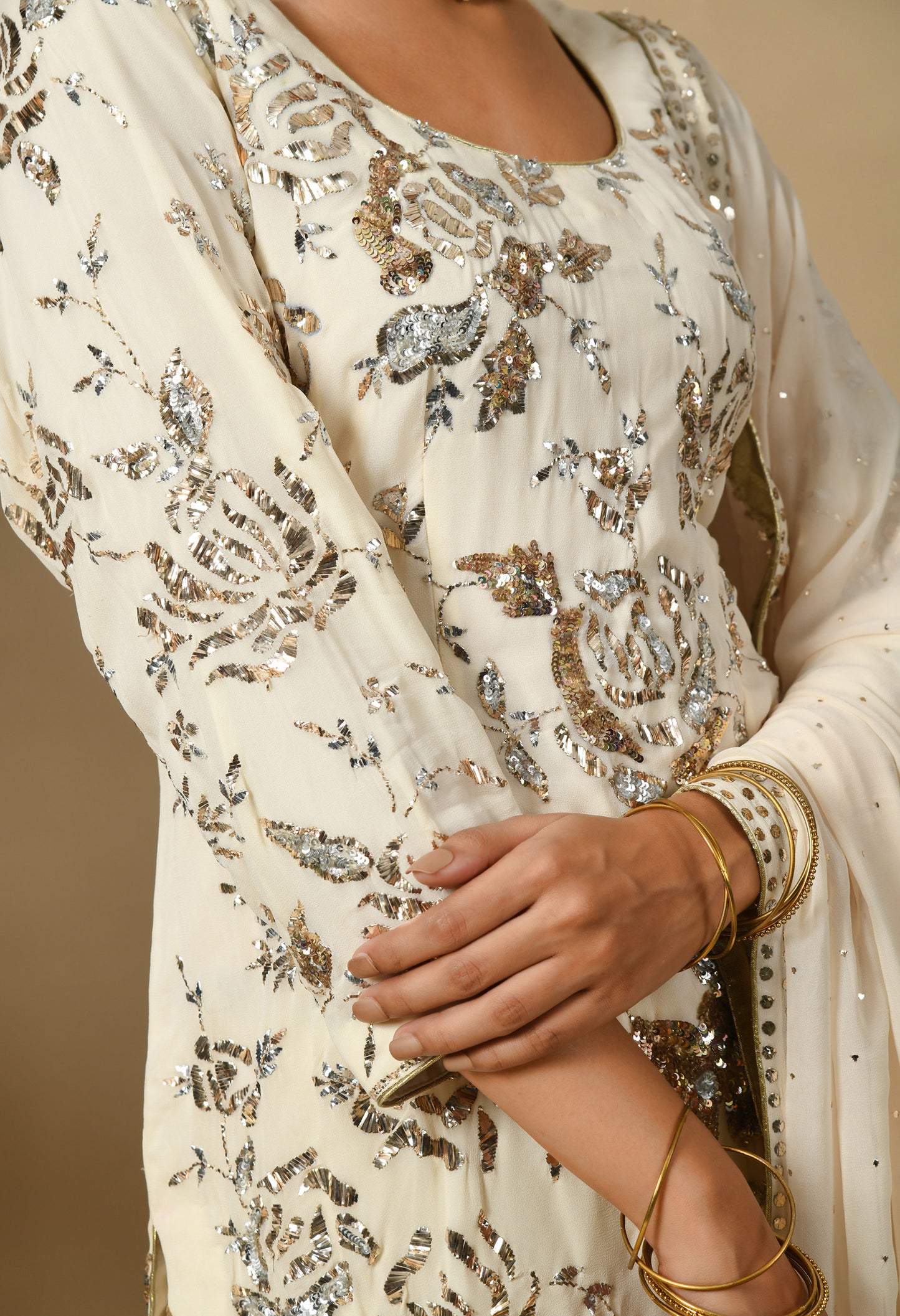 Dark Cream Gharara Set with Mukaish and Sequence Work