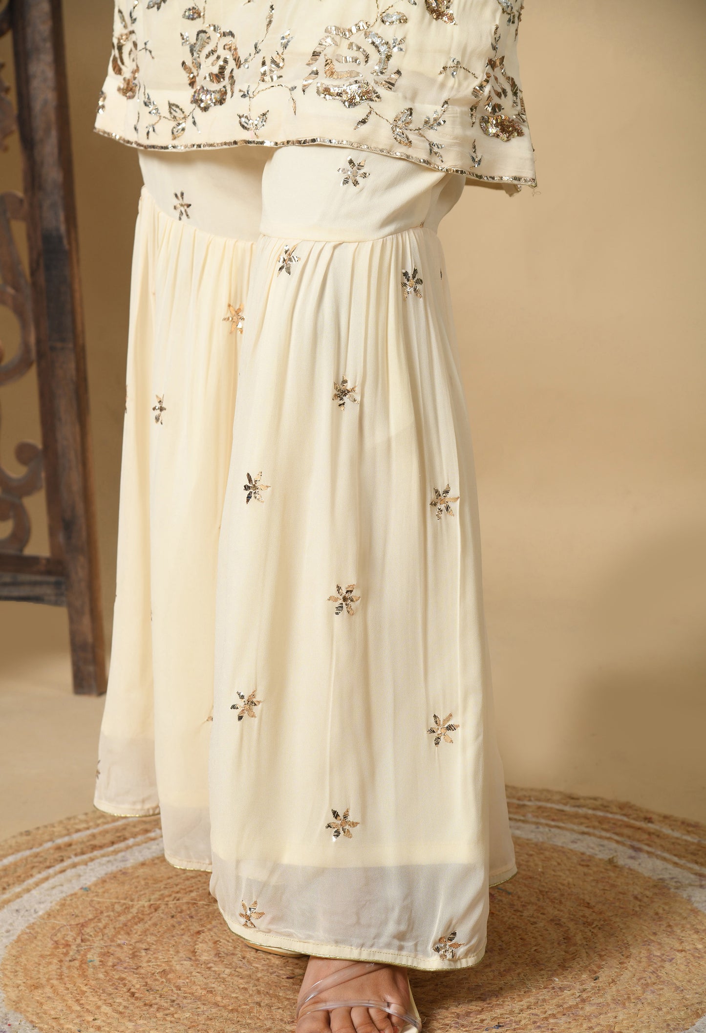 Dark Cream Gharara Set with Mukaish and Sequence Work