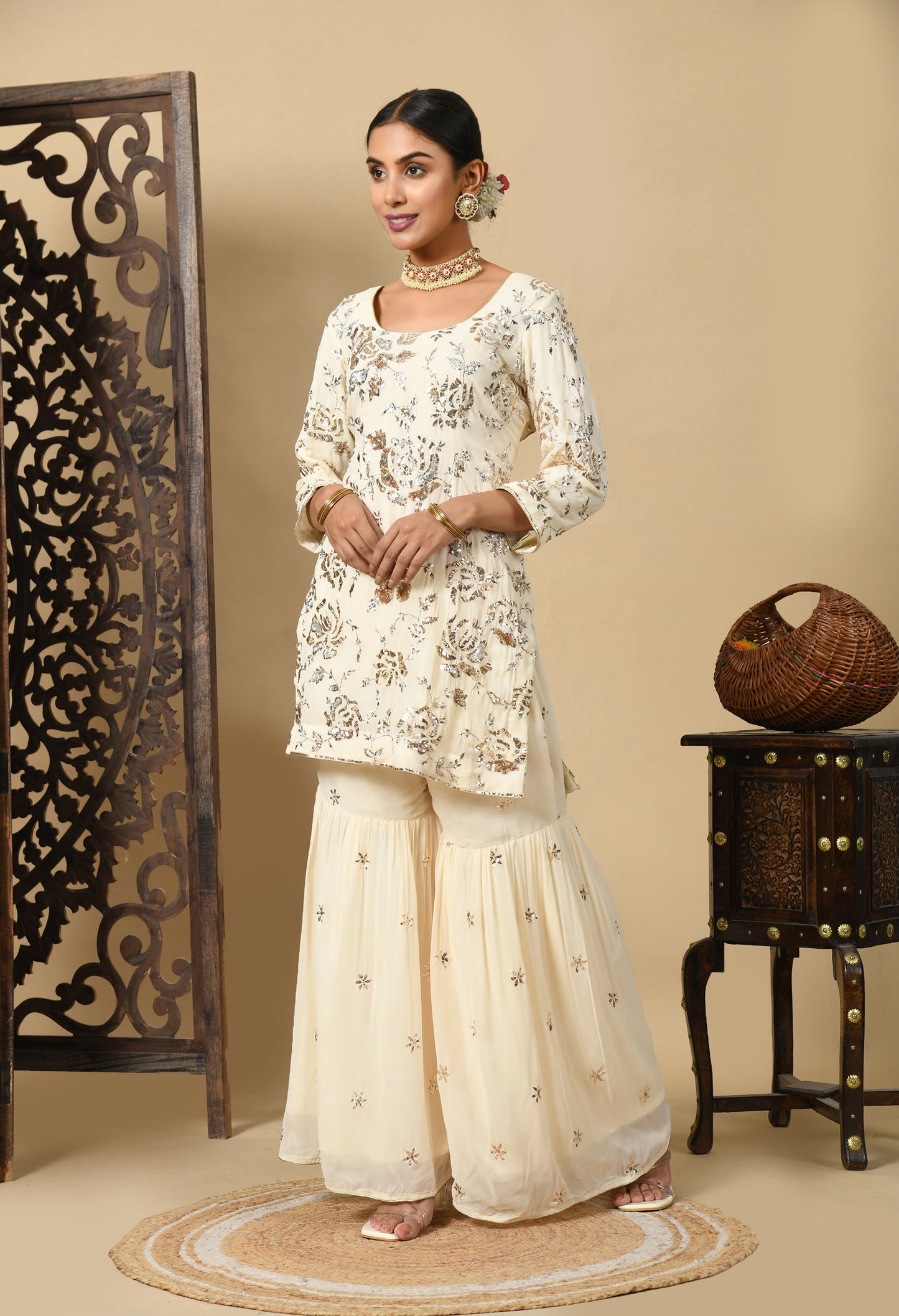 Dark Cream Gharara Set with Mukaish and Sequence Work