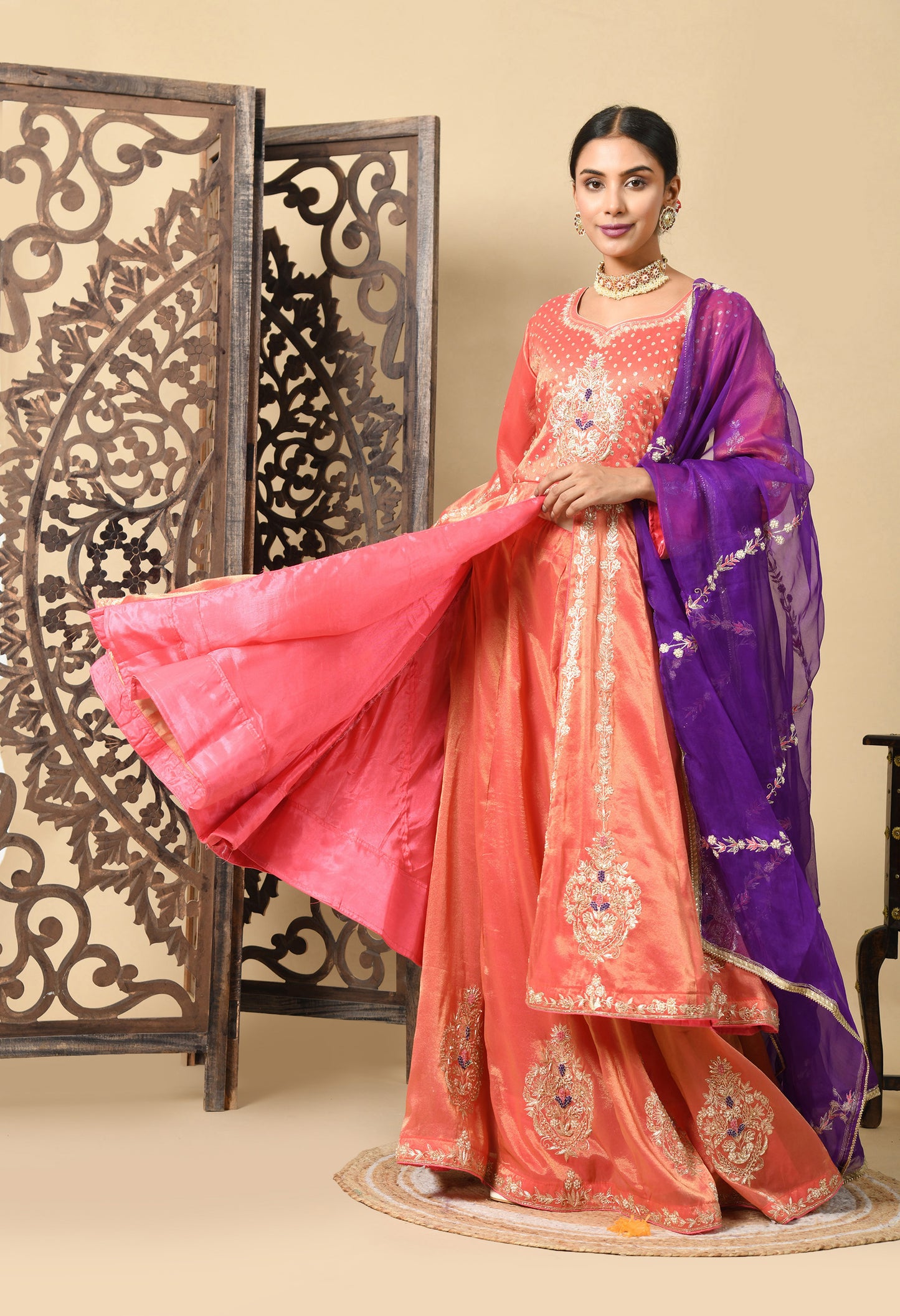 Orange Anarkali Set with Contrast Dupatta and Detailed Embroidery