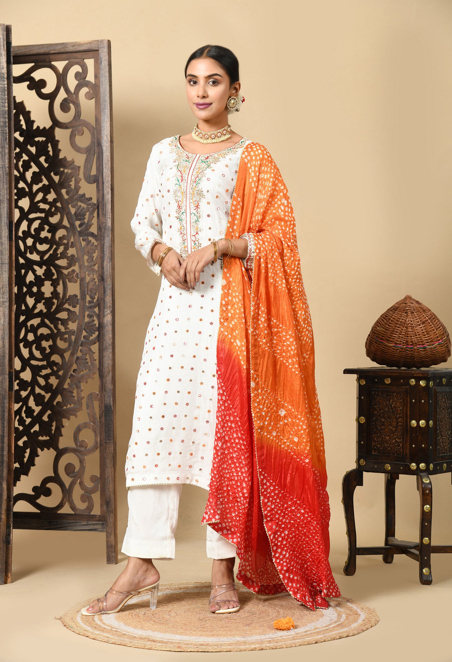 Cream Kurta Set with Gota Patti, Thread, and Mirror Work