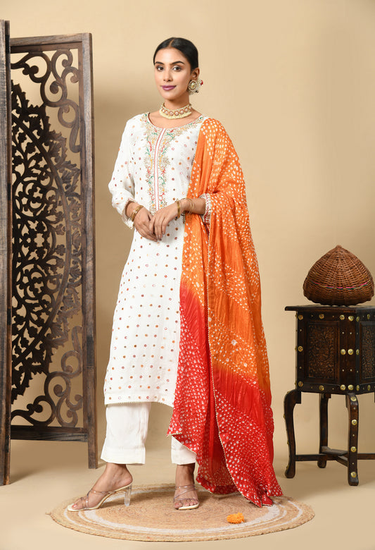 Cream Kurta Set with Gota Patti, Thread, and Mirror Work