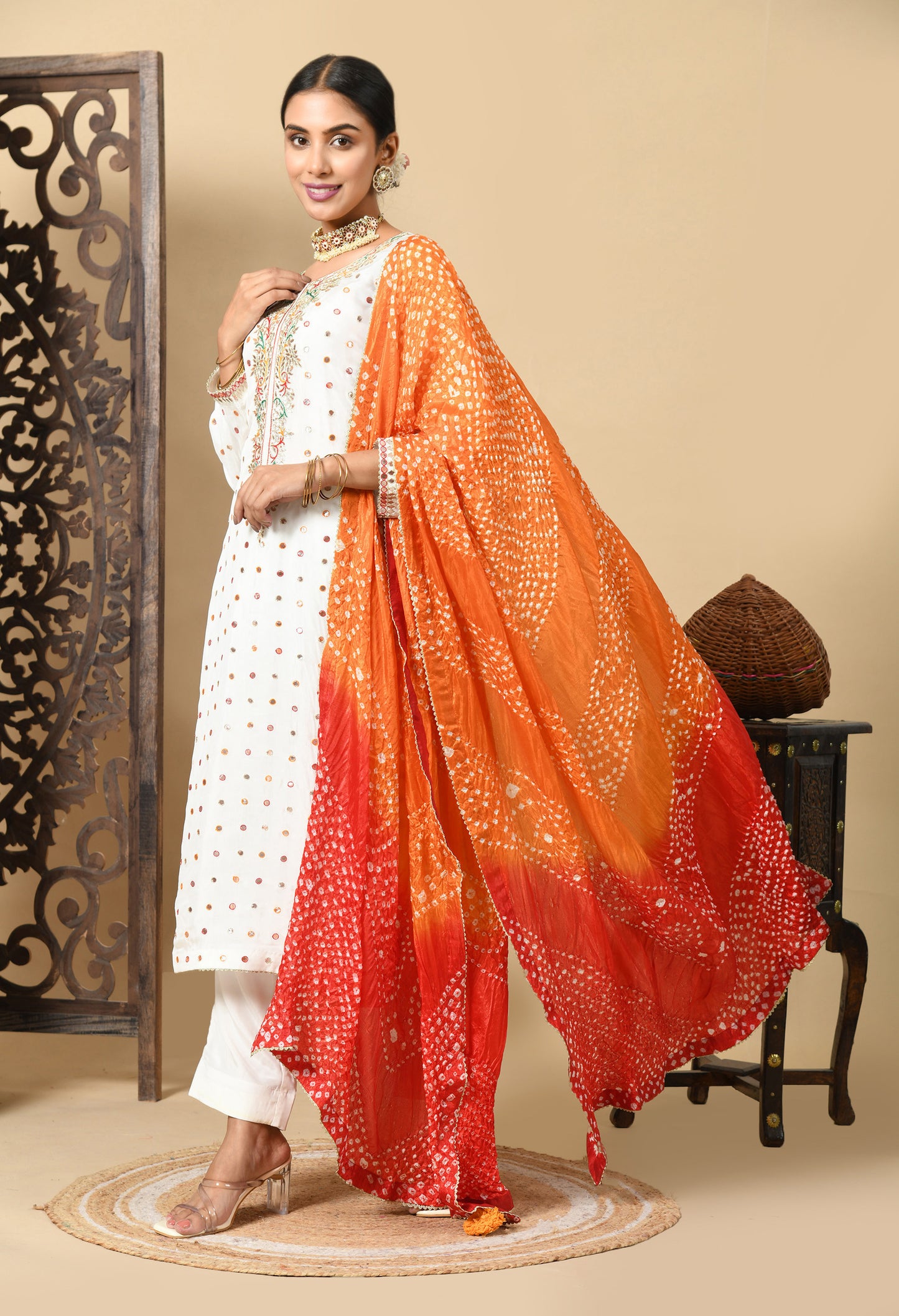 Cream Kurta Set with Gota Patti, Thread, and Mirror Work
