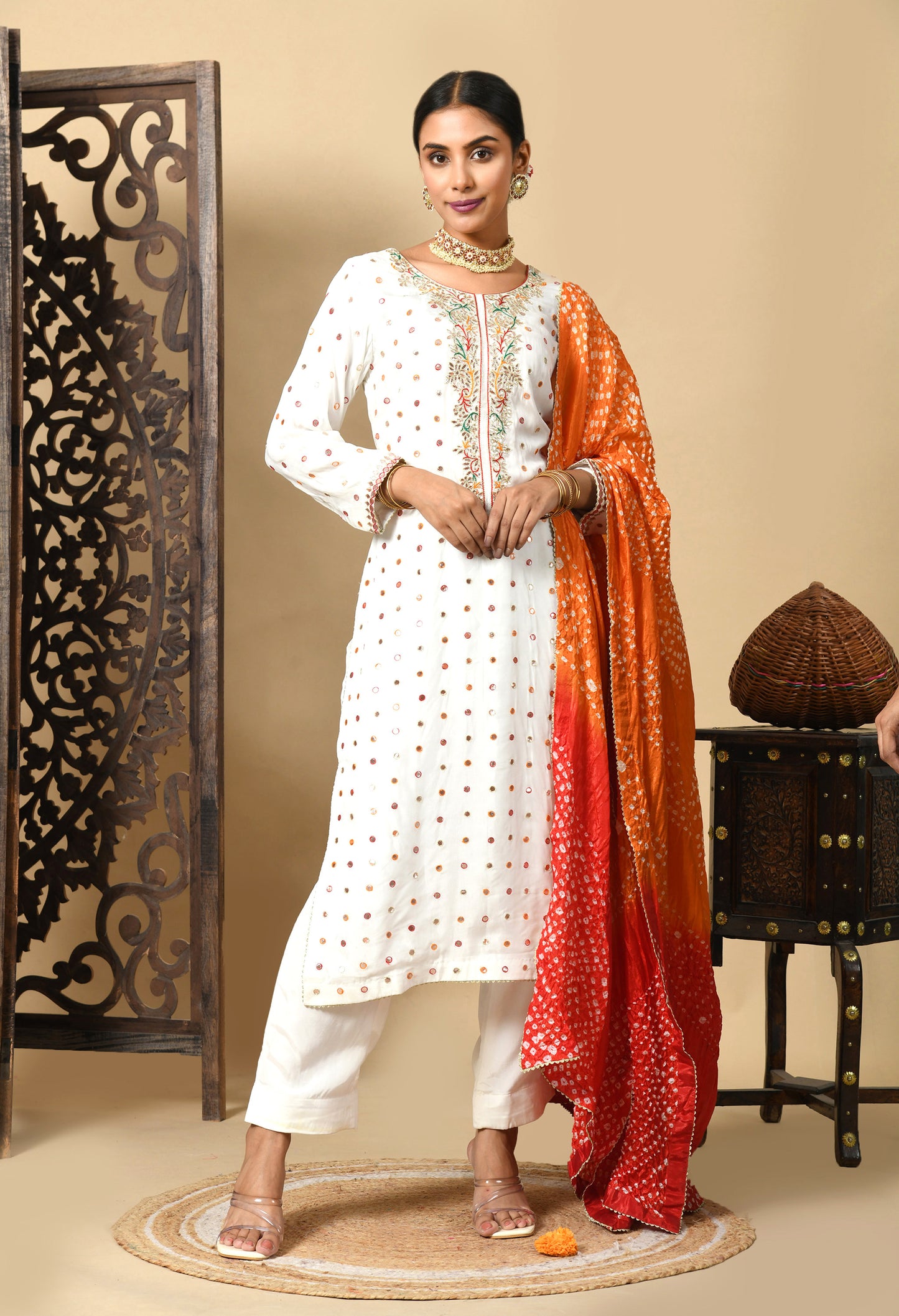 Cream Kurta Set with Gota Patti, Thread, and Mirror Work