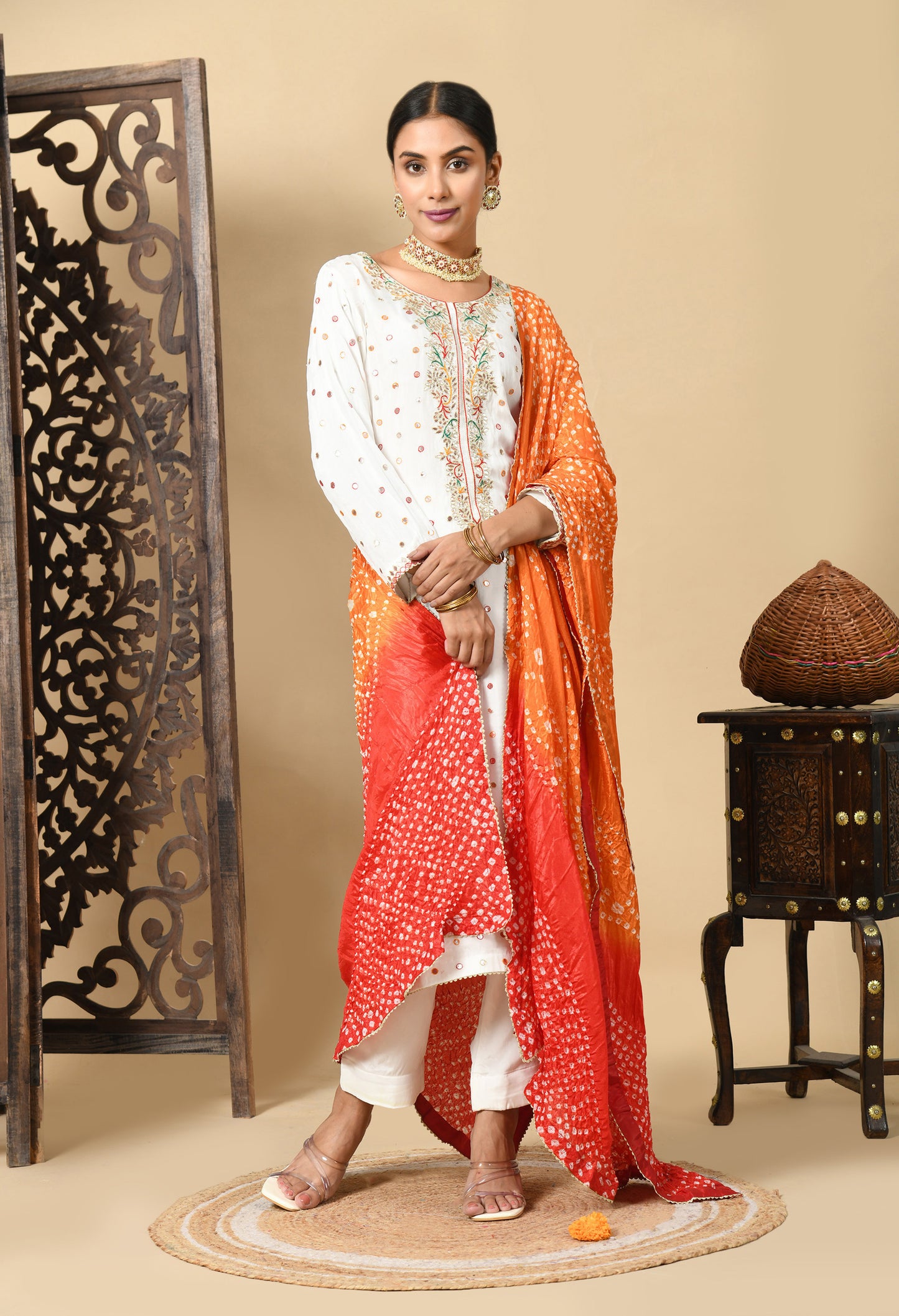 Cream Kurta Set with Gota Patti, Thread, and Mirror Work