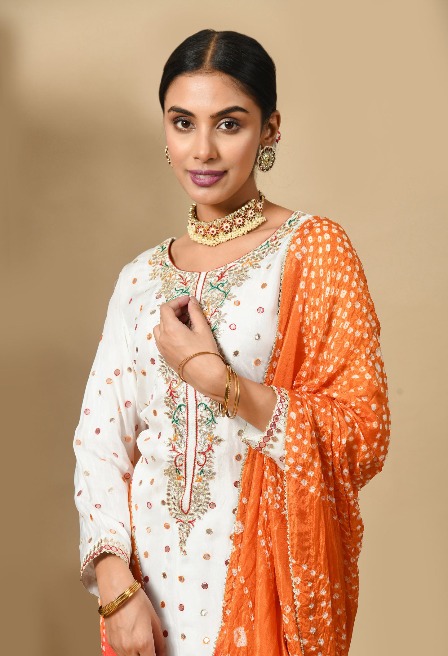 Cream Kurta Set with Gota Patti, Thread, and Mirror Work