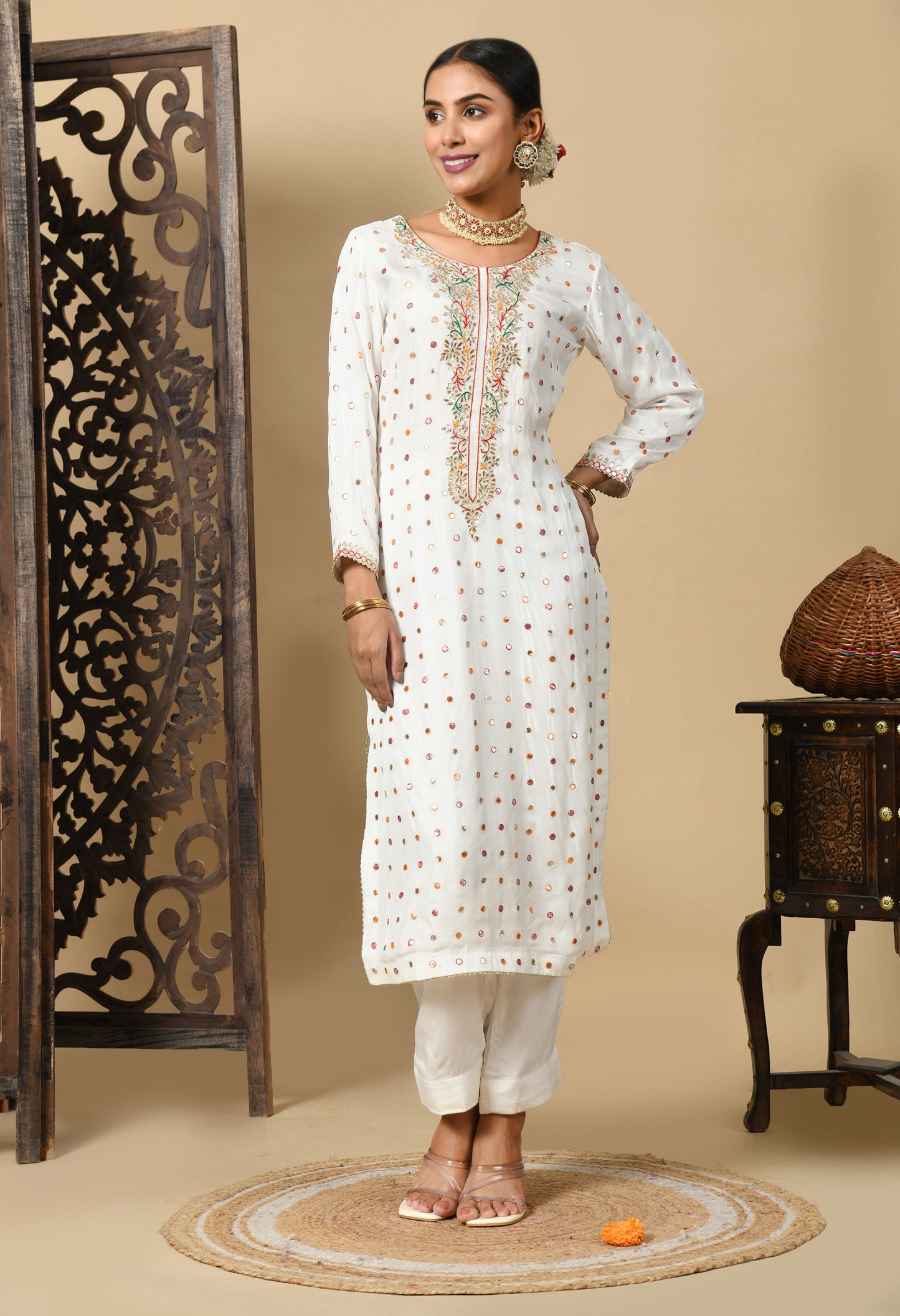 Cream Kurta Set with Gota Patti, Thread, and Mirror Work