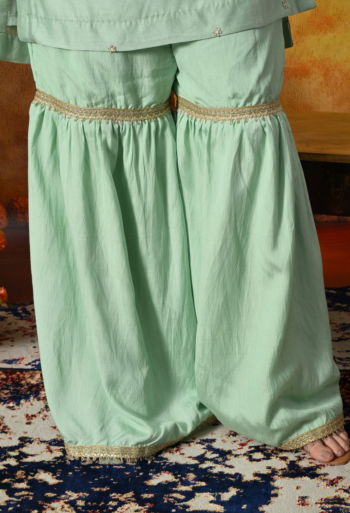 Mint Green Silk Gharara Set With Zardozi, Dabka, Pearl & Thread Work
