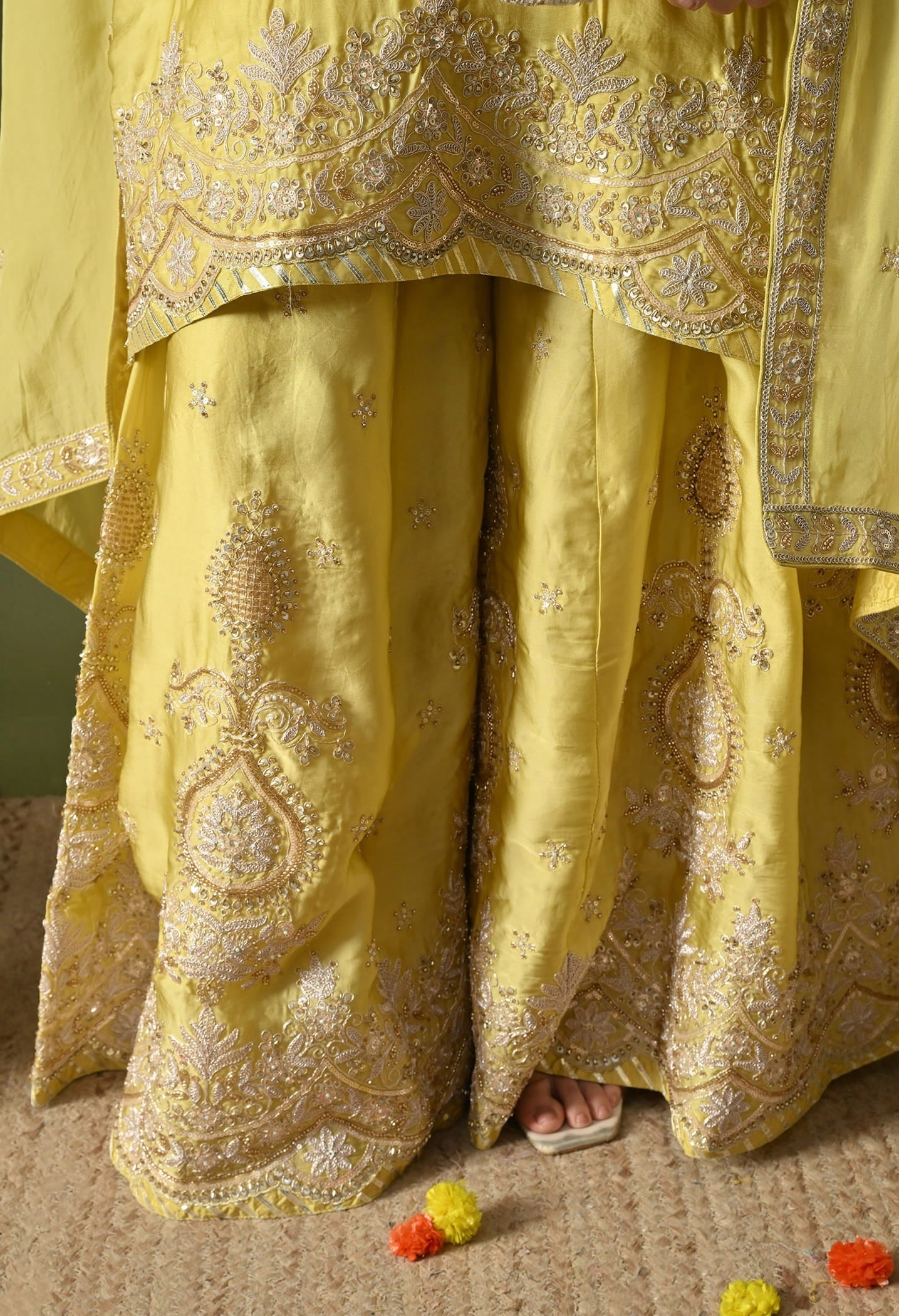 Greenish Yellow Sharara Set with Zardozi, Sequin & Pearl Work.