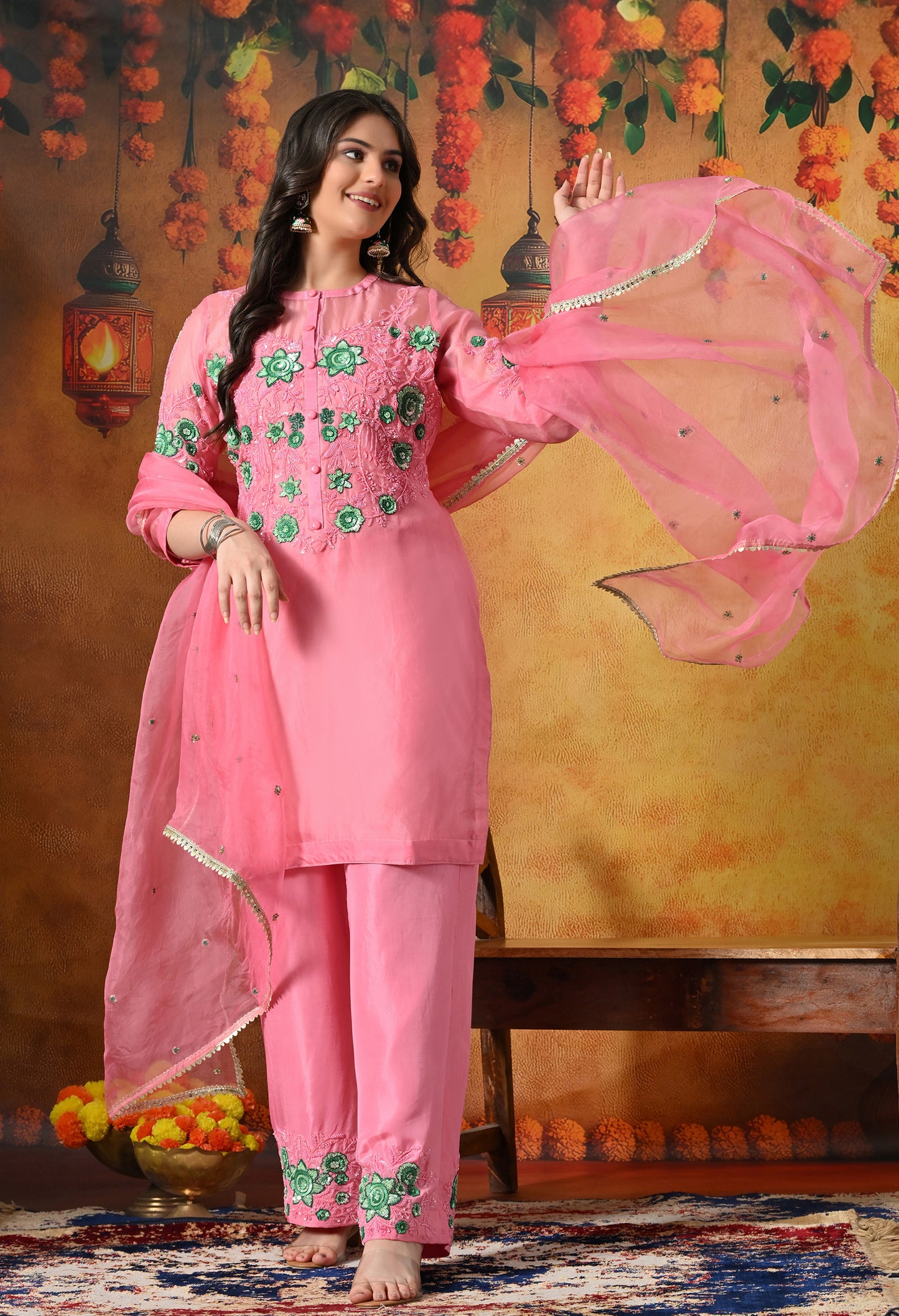 Charming Pink Kurta Set with Sequence and Thread Embroidery