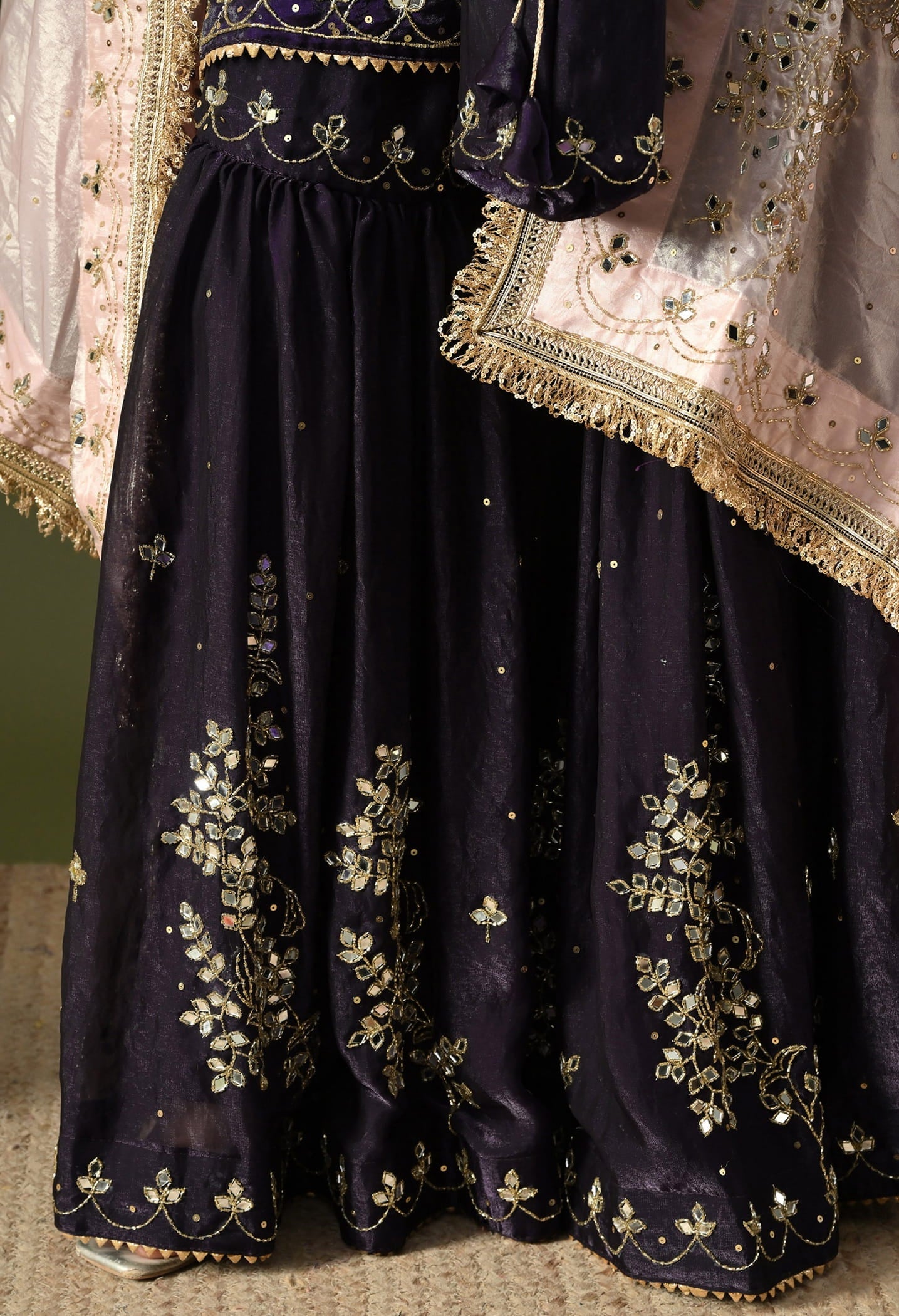 Dark Purple Gharara Set with Mirror, Cutdana & Sequin Work.
